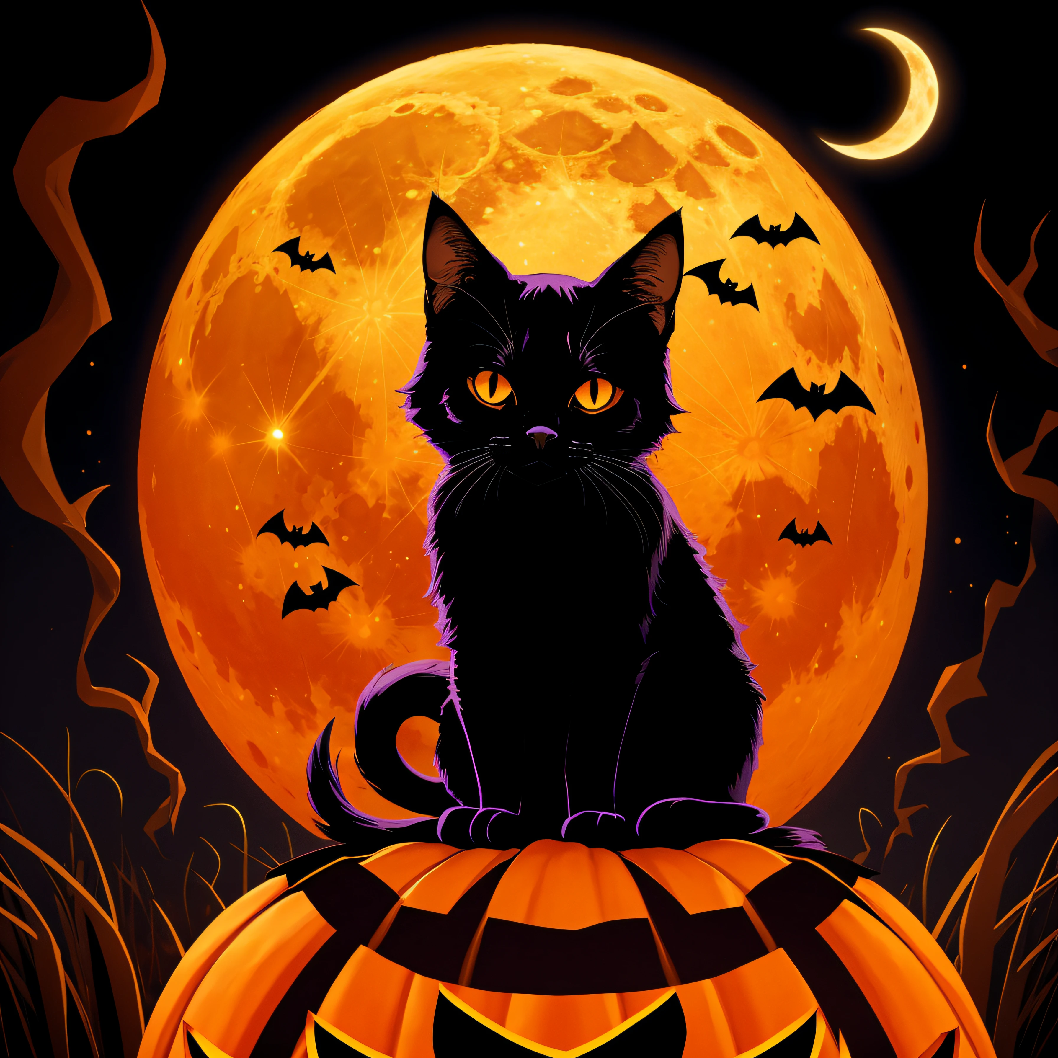 halloween cute pumpkin background with black cat on a full moon