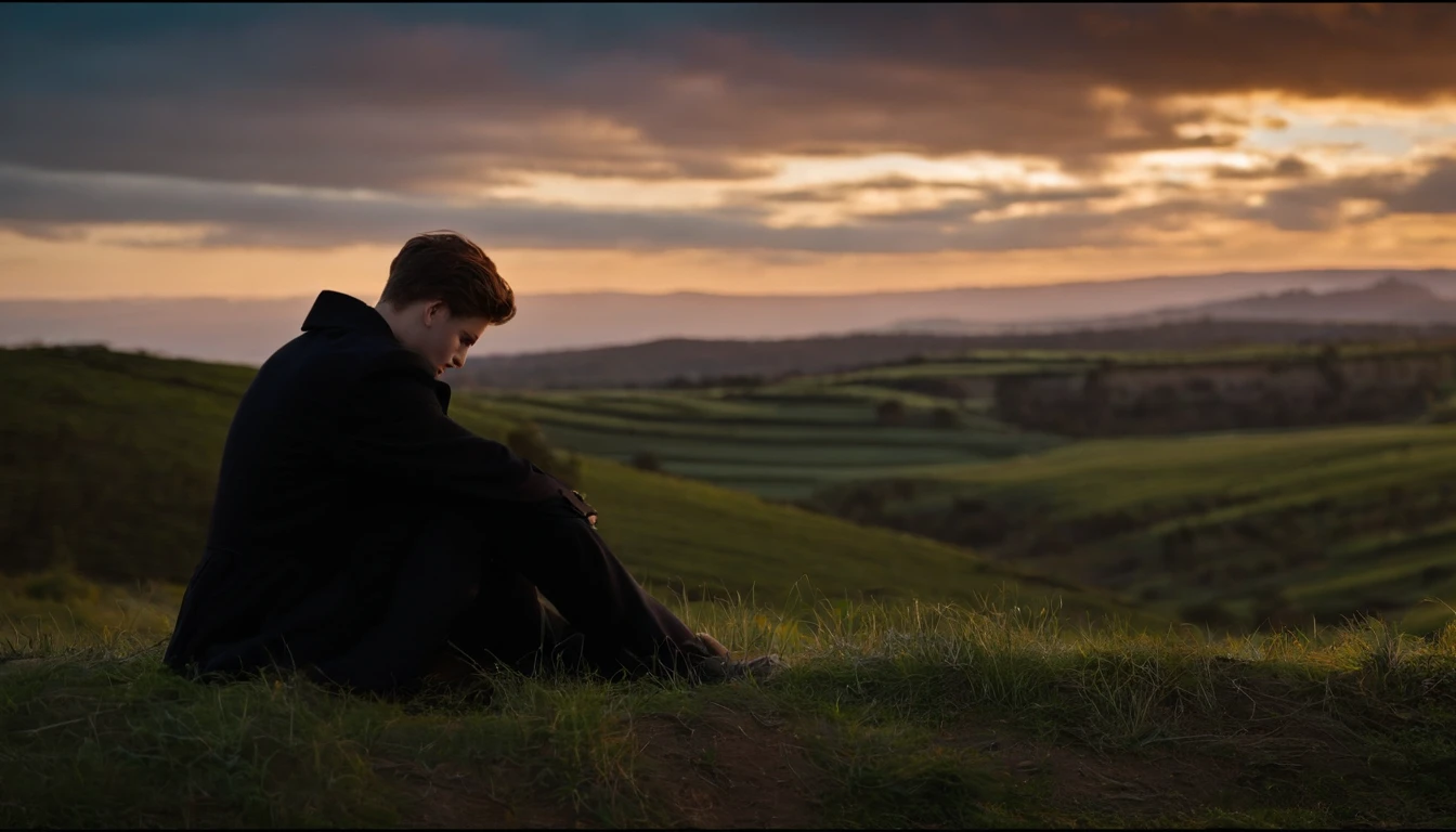 Sente-se no alto de um penhasco, Look into the distance, A teenager with his hands on his knees, Use um capuz preto e um trench coat preto, The hour is twilight, deus luz, raios de deus, de lado