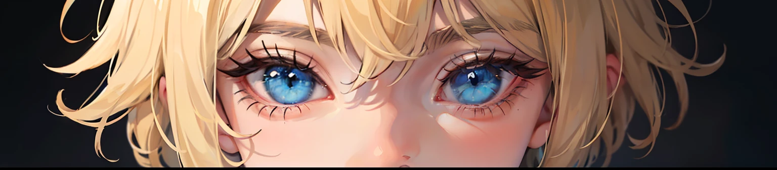 1boy, , Eyes only, Drawing the eyes, focus on eyes, blue eyes, neon eyes, bright green eyes, Light eyelashes, light eyebrows, Very thin eyebrows, wide eyes, Blonde bangs, blond hair, Short hair, fluffy hair, curly hair, It's nothing, except for the eyes, eyes focus, around dark, Mikaela Hyakuya