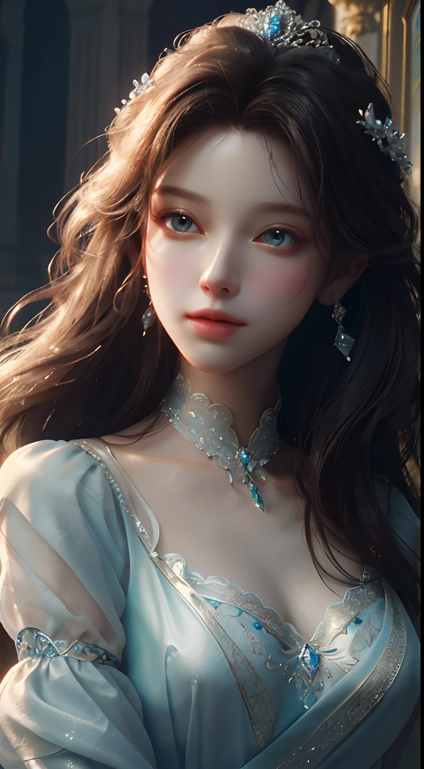 4K, A high resolution, ultra-detailed, masterpiece, Elegant dynamic portrait,a stunning beautiful girl, big breasts, long hair, Blue hair tied up elegantly, Decorate with jewelry, a diamond necklace, (Put on a big cloak), Clear purple eyes, beautiful and clear eyes, delicate necklace, delicate earrings (Hair decorated with delicate flower arrangements, crystal jewelry string), (looking at viewer)