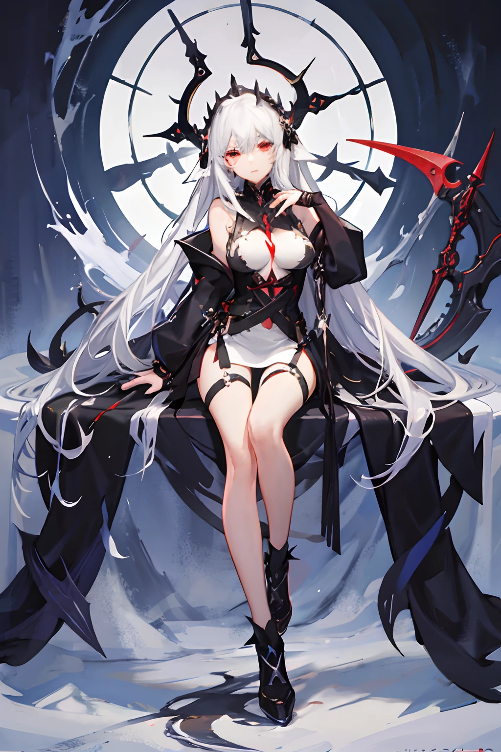 ((Beautiful goddess of death))(she has big bright red eyes)(white pale skin)(red lips) (very long straight platinum hair)((very huge breasts)) (perfect slim body) (she wears, black hood, black long sexy robe and long black stockings)(hold on hand a giant scythe ornamented with bones)(she is inside a dark and goomy temple) (high definition, volumetric lights and dinamic shadows)((masterpiece))(8k)(perfect face)(ultra details) (perfect hands, eyes, and face)