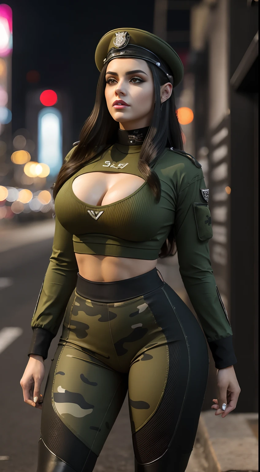Physically-based rendering, 1girl, soldado feminino, (seios falsos enormes:1.2), corpo musculoso sexy, cintura fina, oversized buttocks, (corpo inteiro:1.5), Skintight Army Camouflaged Crop Top, (vestindo uniforme militar vermelho). Em uma cidade cyberpunk movimentada com sinais de neon, noite
