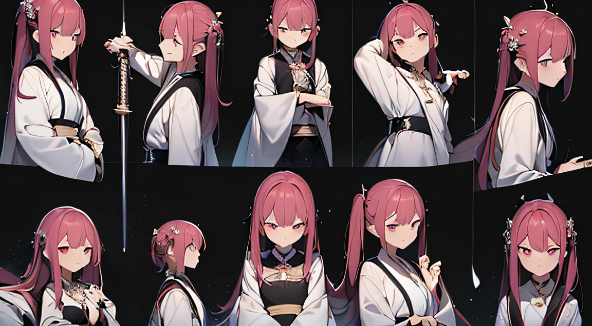 Comic storyboard:1.8, ((Best quality),(((ultradetailed))).(((Masterpiece))),illustration,"Irregular grid,comic strip,animated cartoon,Taoist fairy,Huangshan people,Breething burgundy hair,Arm carving,Burgundy hair is everywhere,Delicate gradient shoes,Eye portrayal,Delicate burgundy hair,Popmart blind box,Clay texture,Treading on the ground,Black and white background,natural lightting,Best quality at best,Hyper-detailing,arte 3D,C4D, OC renderer, a 3D render, 8K,45 degree viewing angle,Close-up of multiple memes,Contemplative,Pondering,doubt,Confused,Startled,expecting,Soundtrack animation,(((Split-shot cartoons)))(Moe moe anime)k hd,Dynamic line effects, Holding a long sword, Fight with men.