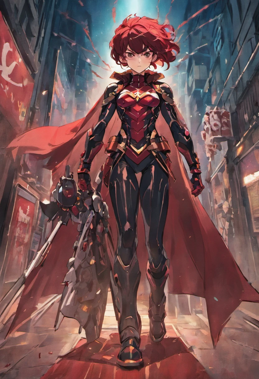 A highly detailed image of a superhero Portuguese dressed in a dark red and dark green armor suit, com uma capa preta e capuz cobrindo seu rosto. Ele tem um escudo no peito, com as quinas e castelos de Portugal. He's on top of a red motorcycle, Lisboa, at night, surrounded by criminals and villains