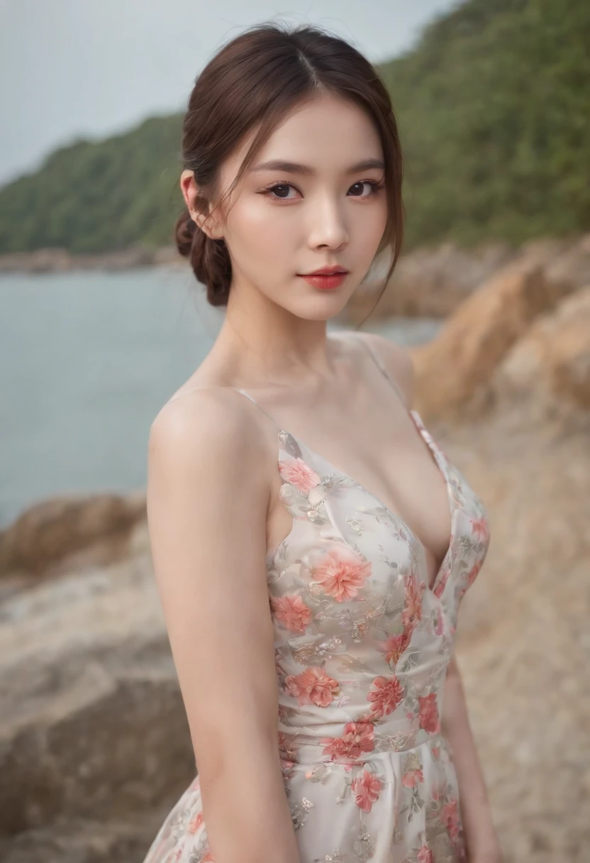 Beautiful face, Sexy, Seductive, Long floral dress, Mid-Autumn Festival, Perfect body, Ultra Clear Photography, Sea backgroun, Bumps，Full body like，Bunny ears