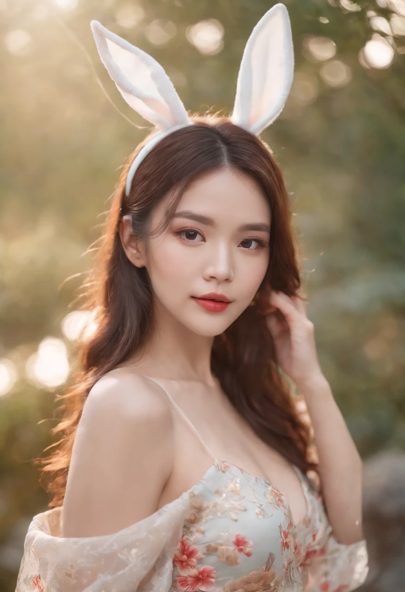 Beautiful face, Sexy, Seductive, Long floral dress, Mid-Autumn Festival, Perfect body, Ultra Clear Photography, Sea backgroun, Bumps，Full body like，Bunny ears