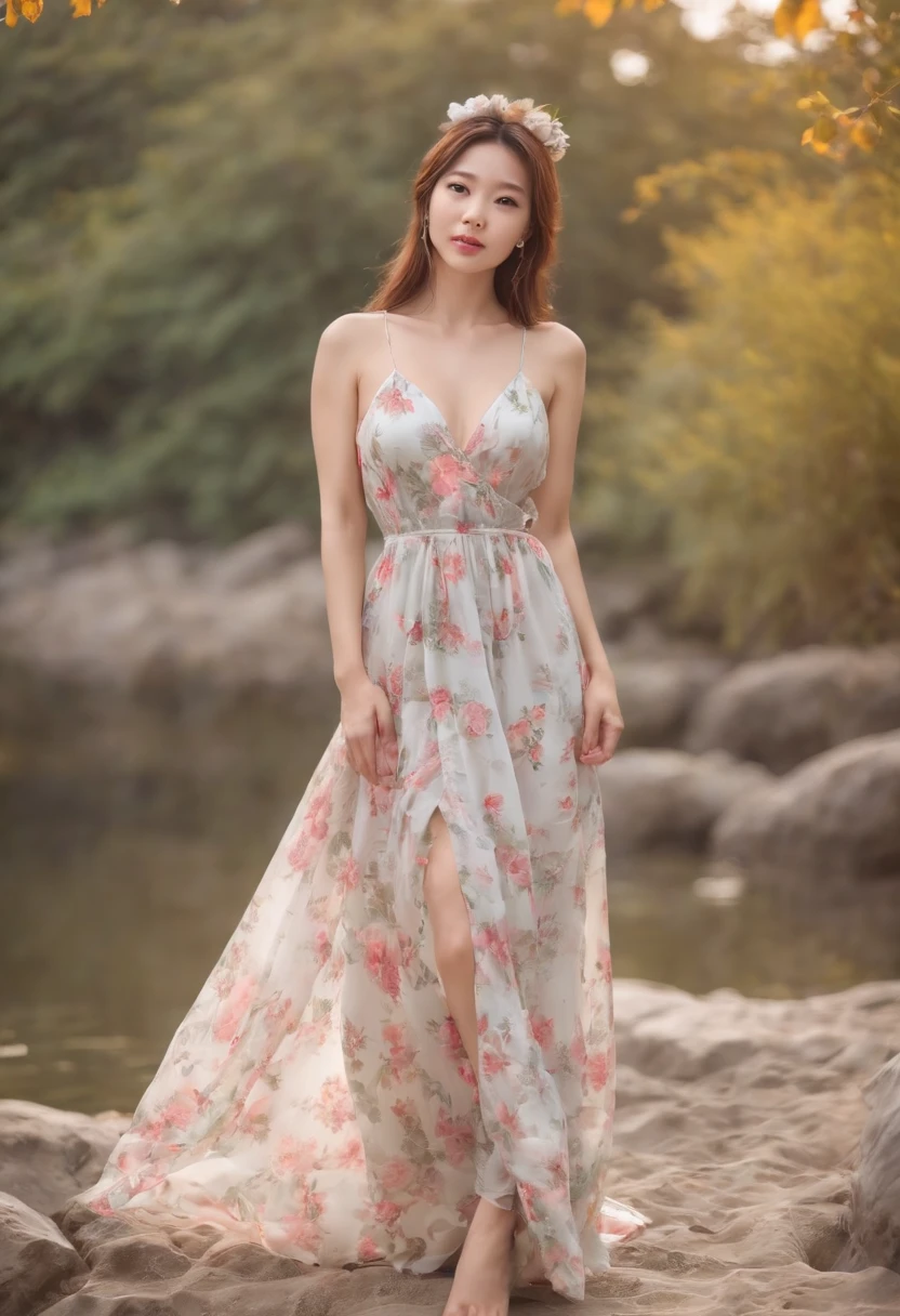 Beautiful face, Sexy, Seductive, Long floral dress, Mid-Autumn Festival, Perfect body, Ultra Clear Photography, Sea backgroun, Bumps，Full body like，Bunny ears