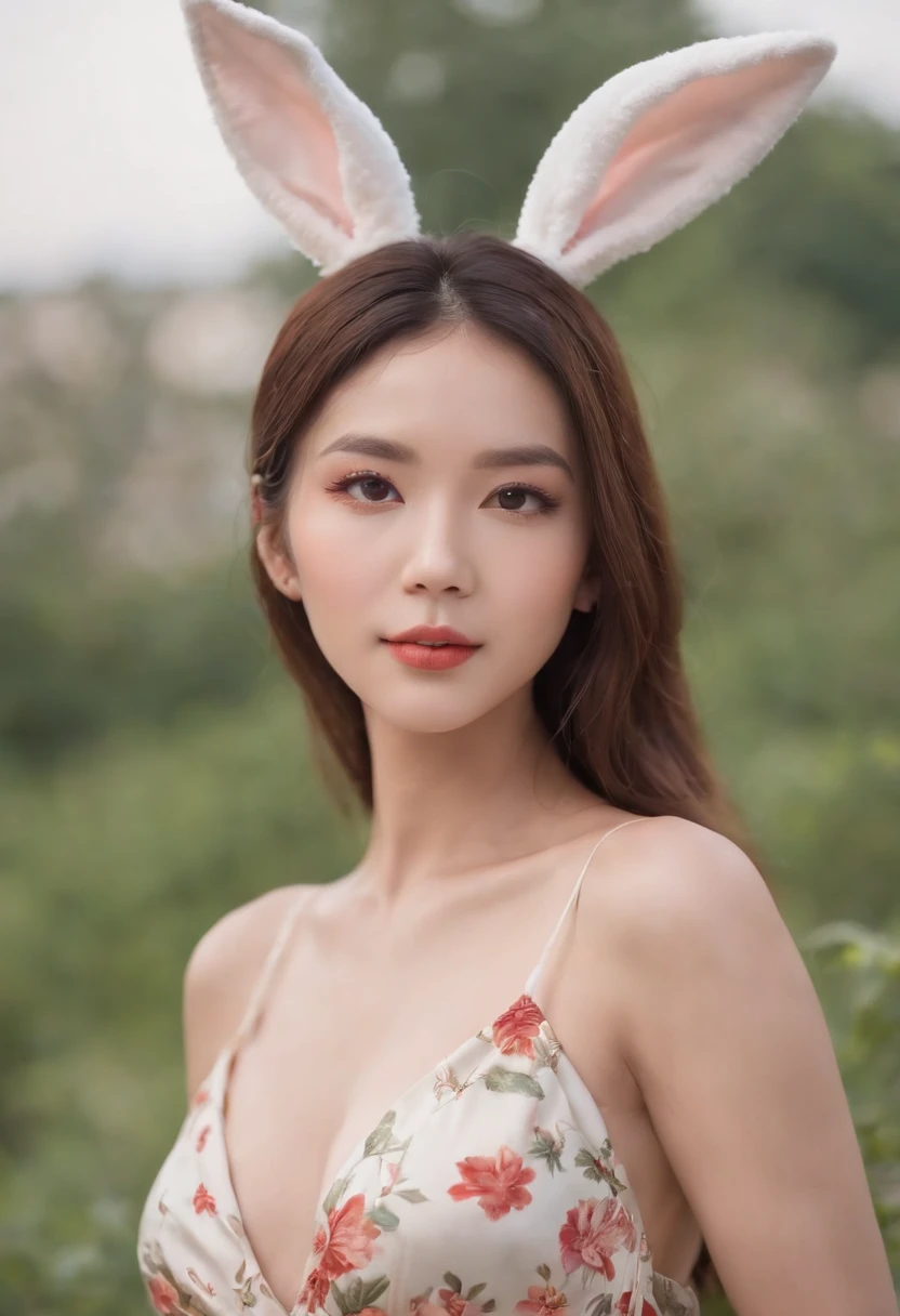 Beautiful face, Sexy, Seductive, Long floral dress, Mid-Autumn Festival, Perfect body, Ultra Clear Photography, Sea backgroun, Bumps，Full body like，Bunny ears