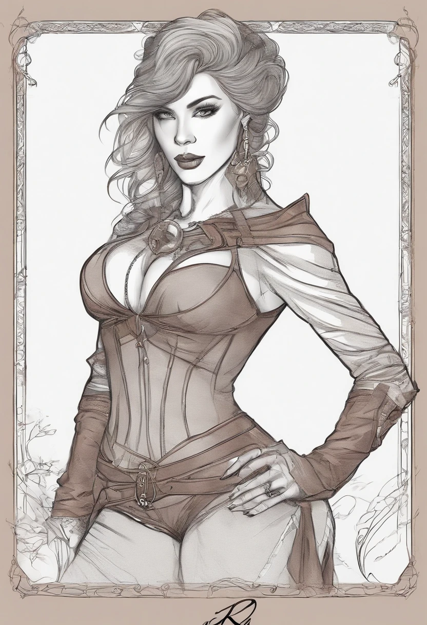 Sketchbook Style, Sketch book, hand drawn, dark, gritty, realistic sketch, Rough sketch, mix of bold dark lines and loose lines, bold lines, on paper, turnaround character sheet, a stunningly beautiful Amazon Woman, slim body, leather and lace corset, brown red floating hair, bangs, Full body, arcane symbols, runes, dark theme, Perfect composition golden ratio, masterpiece, best quality, 4k, sharp focus. Better hand, perfect anatomy.  by With Design In Mind