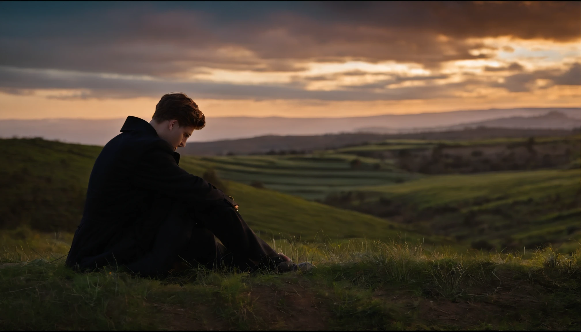 Sente-se no alto de um penhasco, Look into the distance, A ager with his hands on his knees, Use um capuz preto e um trench coat preto, The hour is twilight, deus luz, raios de deus, de lado