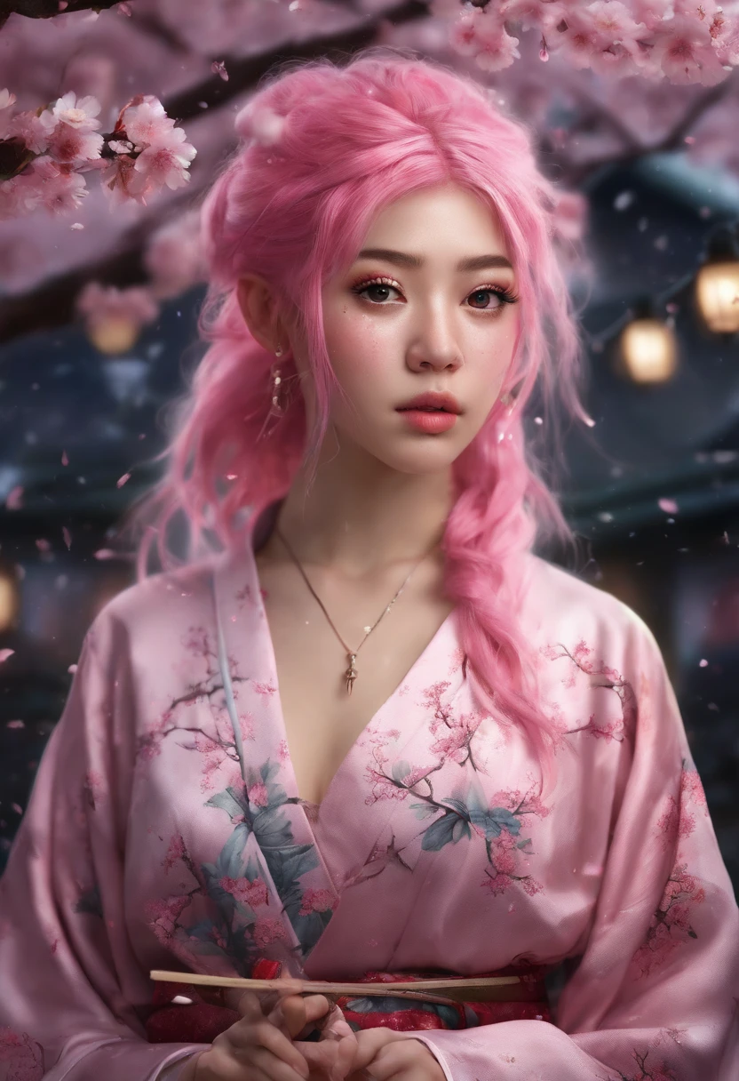 pink haired girl. wearing a kimono. at a sakura tree. in night. while raining wearing glasses