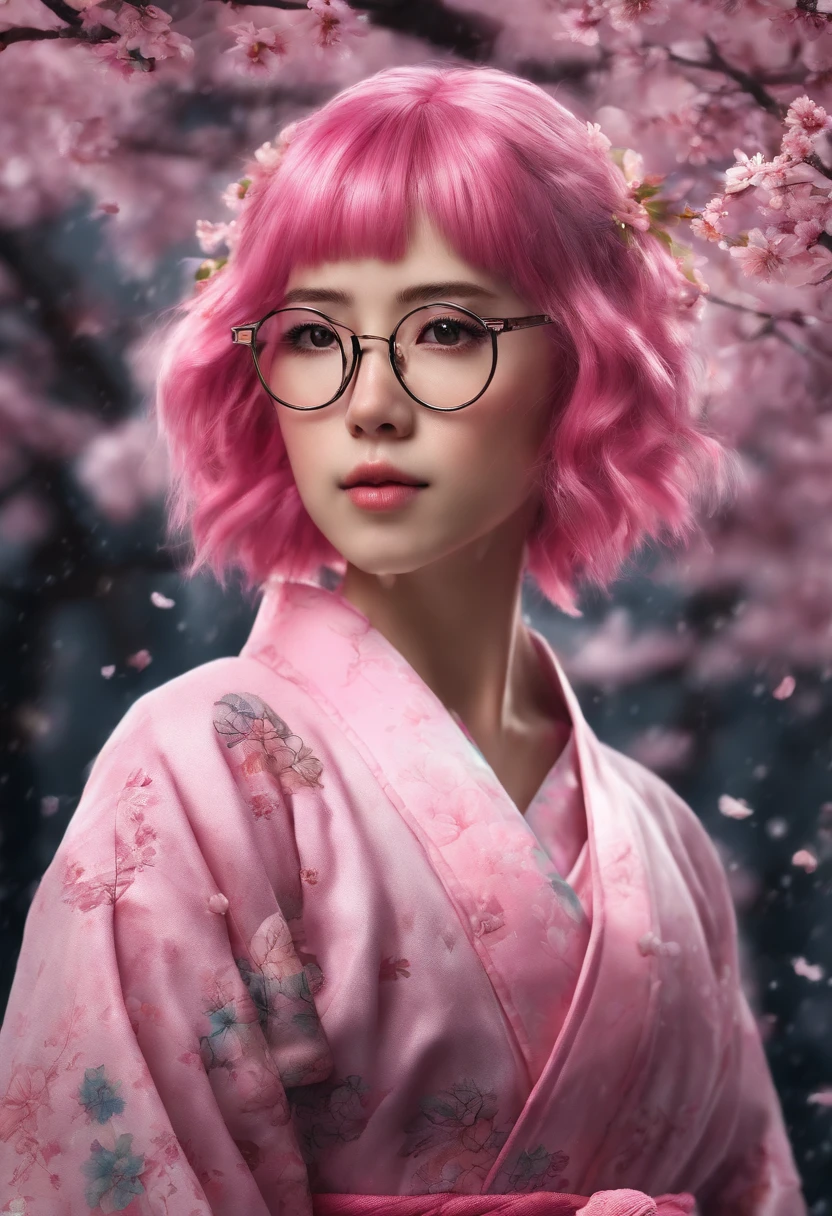 pink haired girl. wearing a kimono. at a sakura tree. in night. while raining wearing glasses