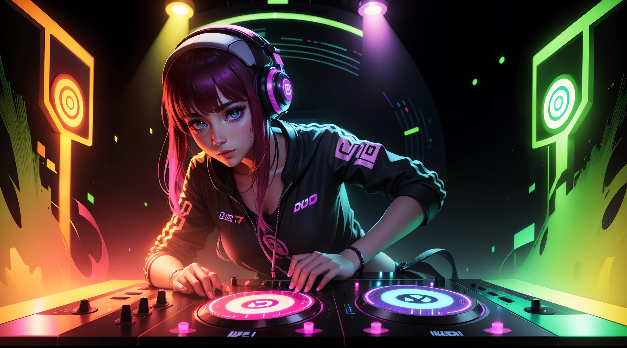 Detalhado DJ girl DJ Controller com Neon, Super vibrant music lights.