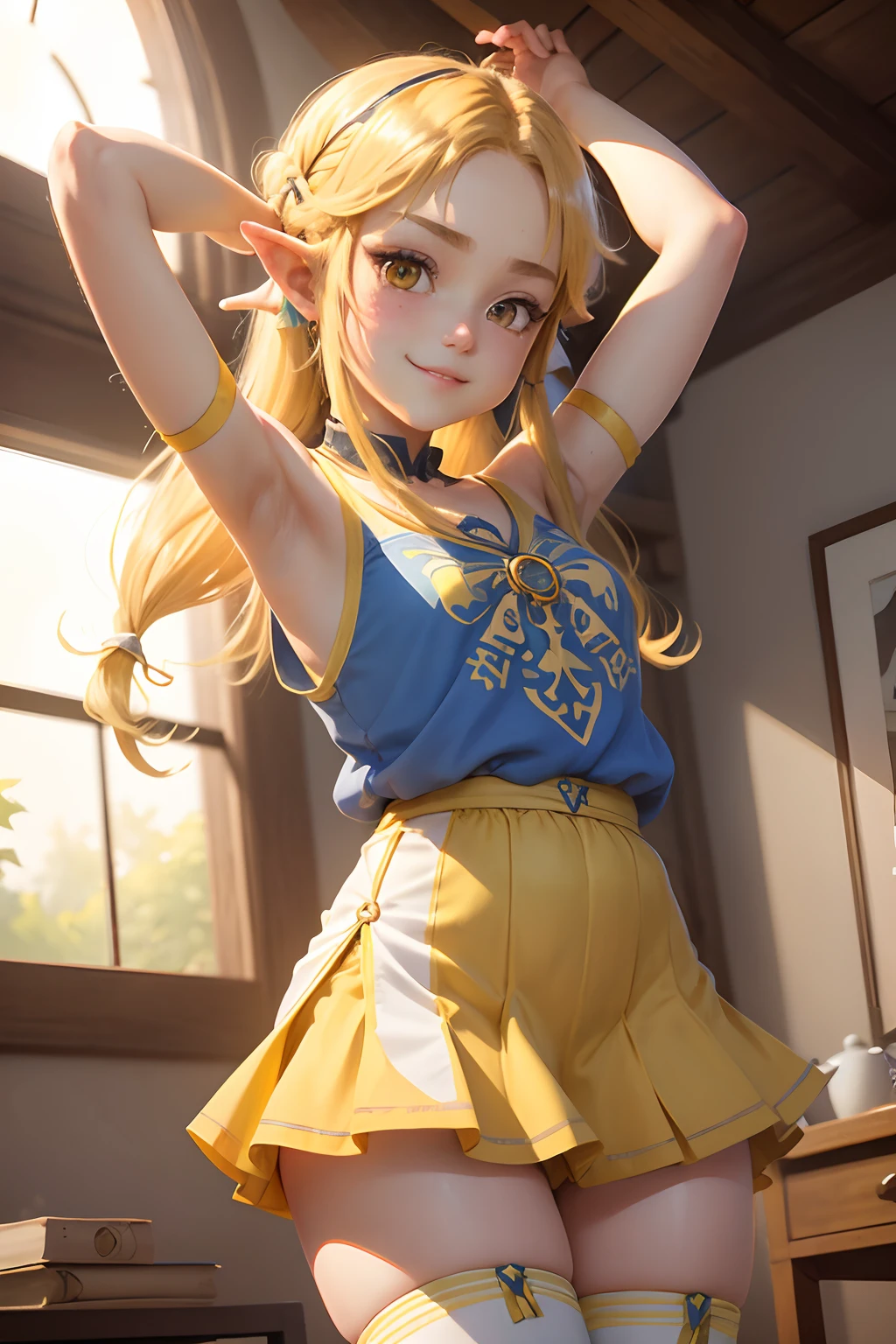 Obra maestra, best quality, Zelda, teenager, short_blond_tail_hair, 1girl, yellow_eyes, (loli_girl), armpit, big_legs, long_socks_thighs, shorts_dress, big_hips, ribbon_hair, stand_up, smile.