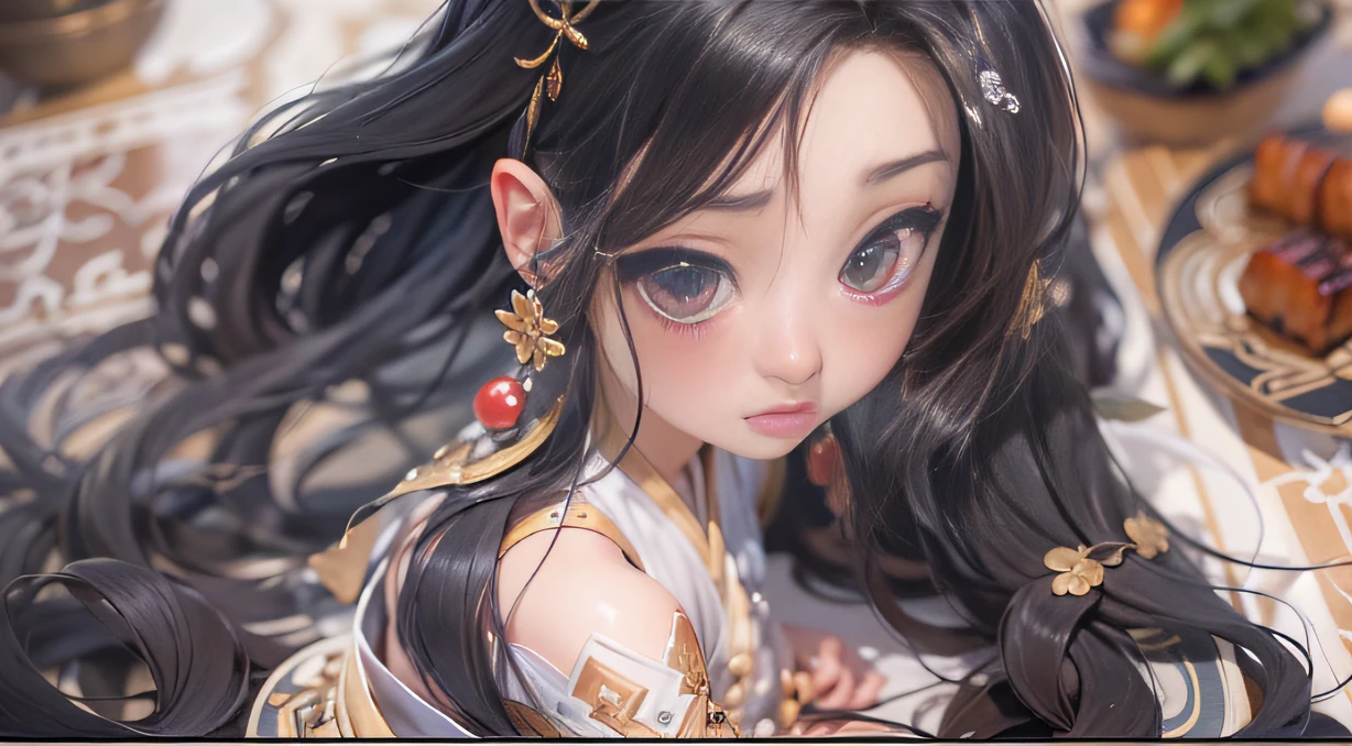 Disney Comics storyboard style,Soundtrack cartoon,Taoist fairy,Huangshan Ren 1:0.8,Delicate black hair,Arm carving,Delicate gradient shoes,Beautiful eyes,Delicate black hair,Popmart blind box,Clay texture,Treading on the ground,Black gold marble background,natural lightting,The large round table is filled with delicacies, grilling skewers, Stewed pork, Braised pork, Fried fish with garlic, Roasted suckling pig, Scrambled eggs with tomatoes, Grim,BBQ,Have an appetite,Delicate characters,Black colored eyes,Black color hair,ssmile,having fun,Exquisite ornaments,Beautiful picture quality,Artistic sense,large scene,Sense of lens,Light effect, Gluttony, A mouthful full of oil, Wonton cloak,Best quality at best,Hyper-detailing,arte 3D,C4D, OC renderer, a 3D render, 8K,45 degree viewing angle,Multiple expressions,Contemplative,Pondering,doubt,Confused,Startled,expecting,anime big breast,(((Soundtrack cartoon)))(Soundtrack cartoon)