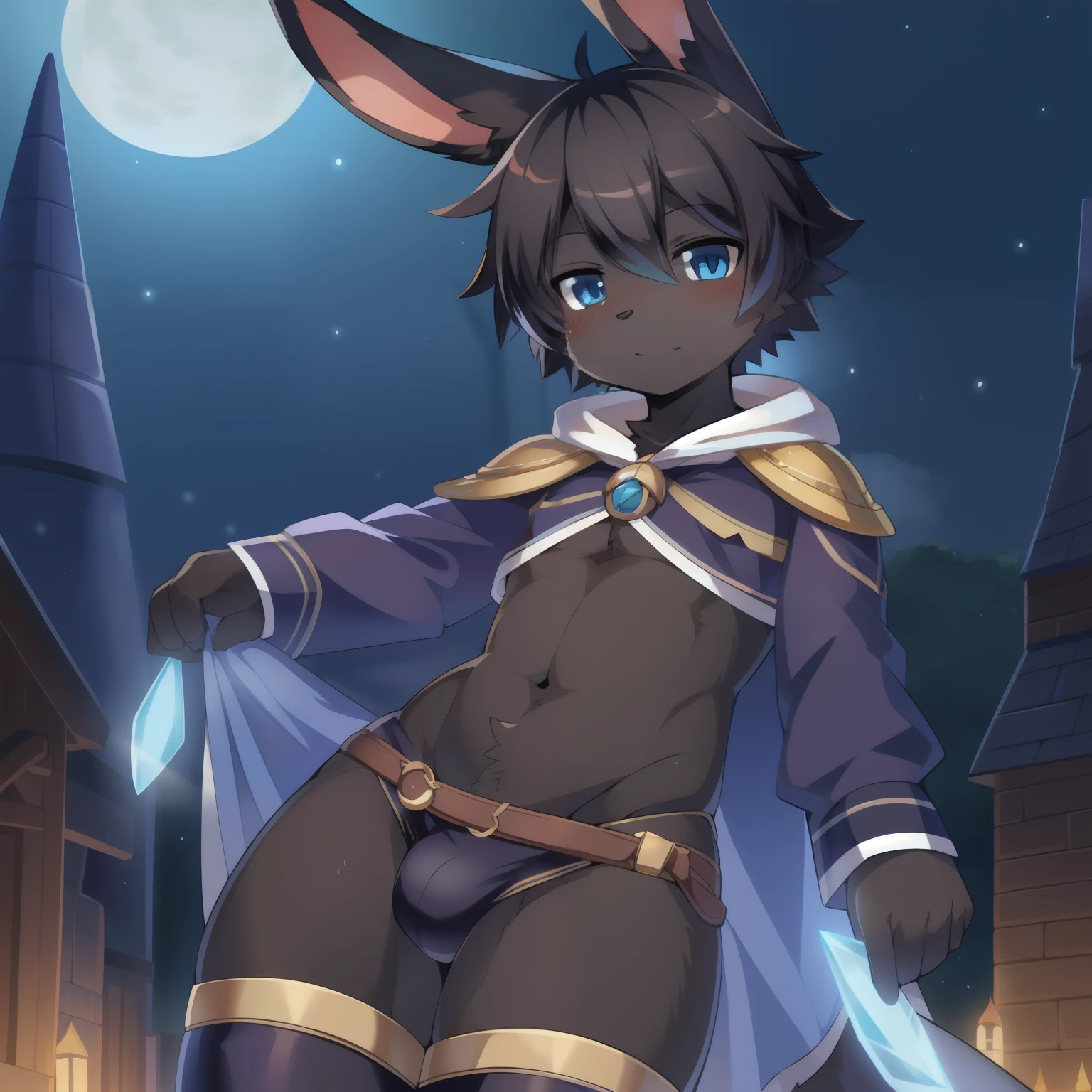 masterpiece, solo, 1boy, Furry, kemono, furry rabbit, anthropomorphic, male, black fur, black skin, blue eyes, wizard clothes, sexy clothes, fantasy town, femboy, uploaded on e621,