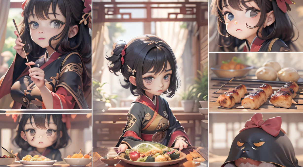 Disney Comics storyboard style,Soundtrack cartoon,Taoist fairy,Huangshan Ren 1:0.8,Delicate black hair,Arm carving,Delicate gradient shoes,Beautiful eyes,Delicate black hair,Popmart blind box,Clay texture,Treading on the ground,Black gold marble background,natural lightting,The large round table is filled with delicacies, grilling skewers, Stewed pork, Braised pork, Fried fish with garlic, Roasted suckling pig, Scrambled eggs with tomatoes, Grim,BBQ,Have an appetite,Delicate characters,Black colored eyes,Black color hair,ssmile,having fun,Exquisite ornaments,Beautiful picture quality,Artistic sense,large scene,Sense of lens,Light effect, Gluttony, A mouthful full of oil, Wonton cloak,Best quality at best,Hyper-detailing,arte 3D,C4D, OC renderer, a 3D render, 8K,45 degree viewing angle,Multiple expressions,Contemplative,Pondering,doubt,Confused,Startled,expecting,anime big breast,(((Soundtrack cartoon)))(Soundtrack cartoon)