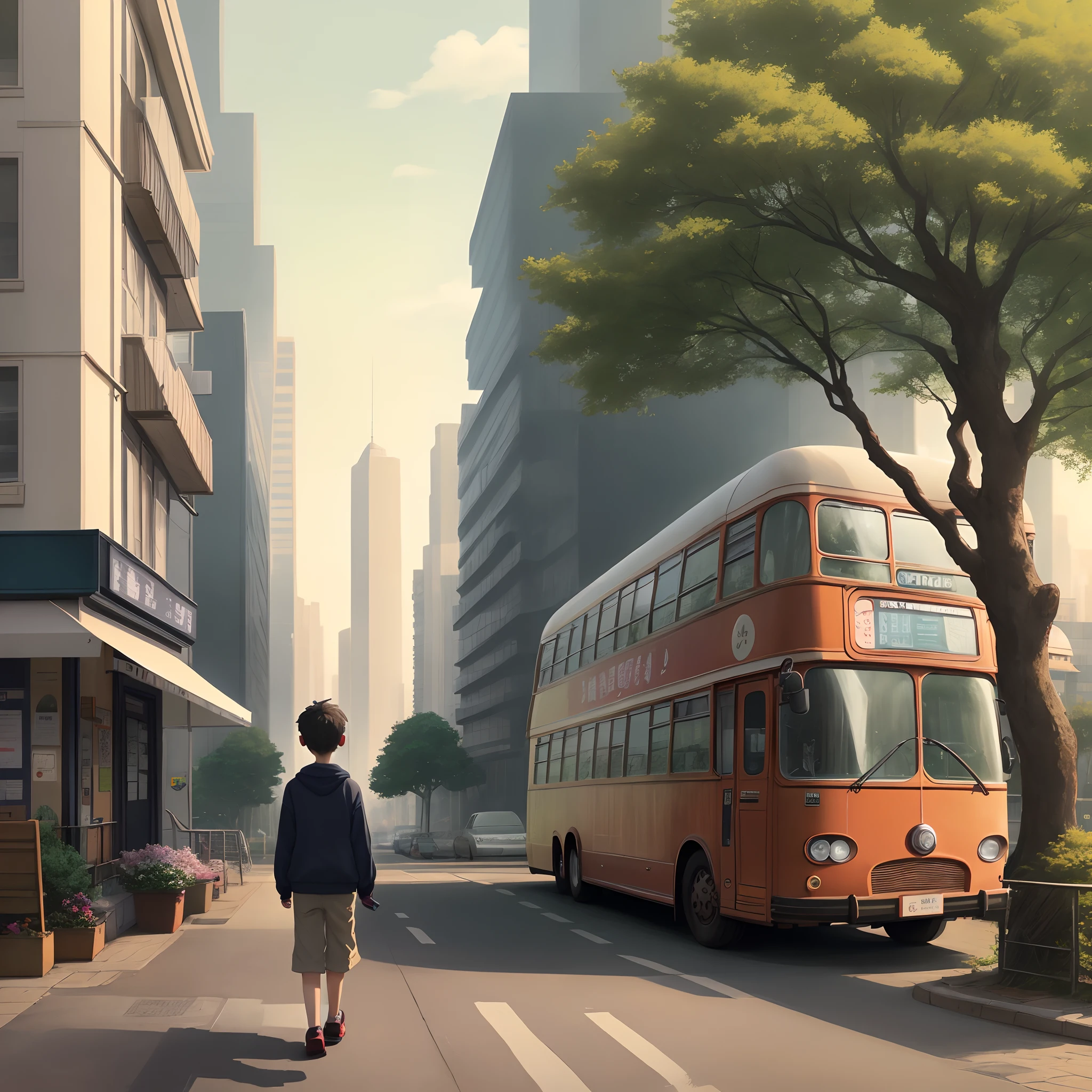 Anime scene of a man walking down a street with a bus - SeaArt AI