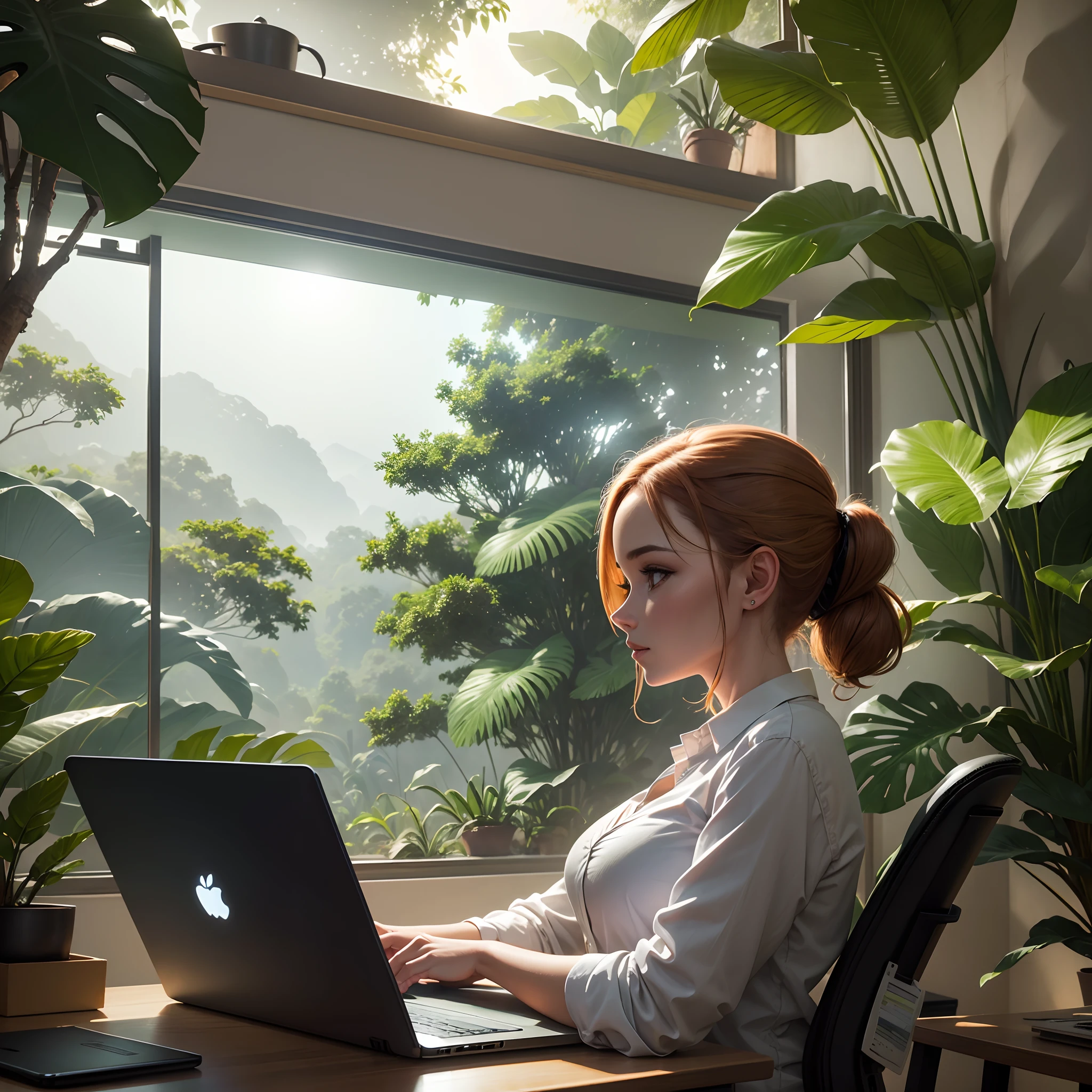 Office project team in a office attair working on a laptop in jungle, elephants are behind, 8k, micro detail, illustration, instinct elegance