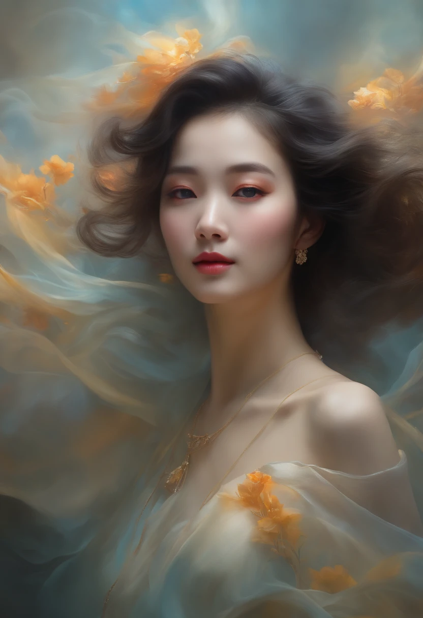 Mulher chinesa, Rosto em close-up, figura feminina elevada feita de fitas, smoke billowing, in sky, colorido e brilhante, mystical colors, impressionismo moderno, retrato Yanjun Cheng, pintura iridescente, 3/4 Vista em perspectiva, cara bonito, low-up angle, composition in broad swirl, grandes olhos de cristal bonitos, large iris, UHD, HDR, 8k, (master part: 1. 5), (O retrato mais bonito do mundo: 1.5)