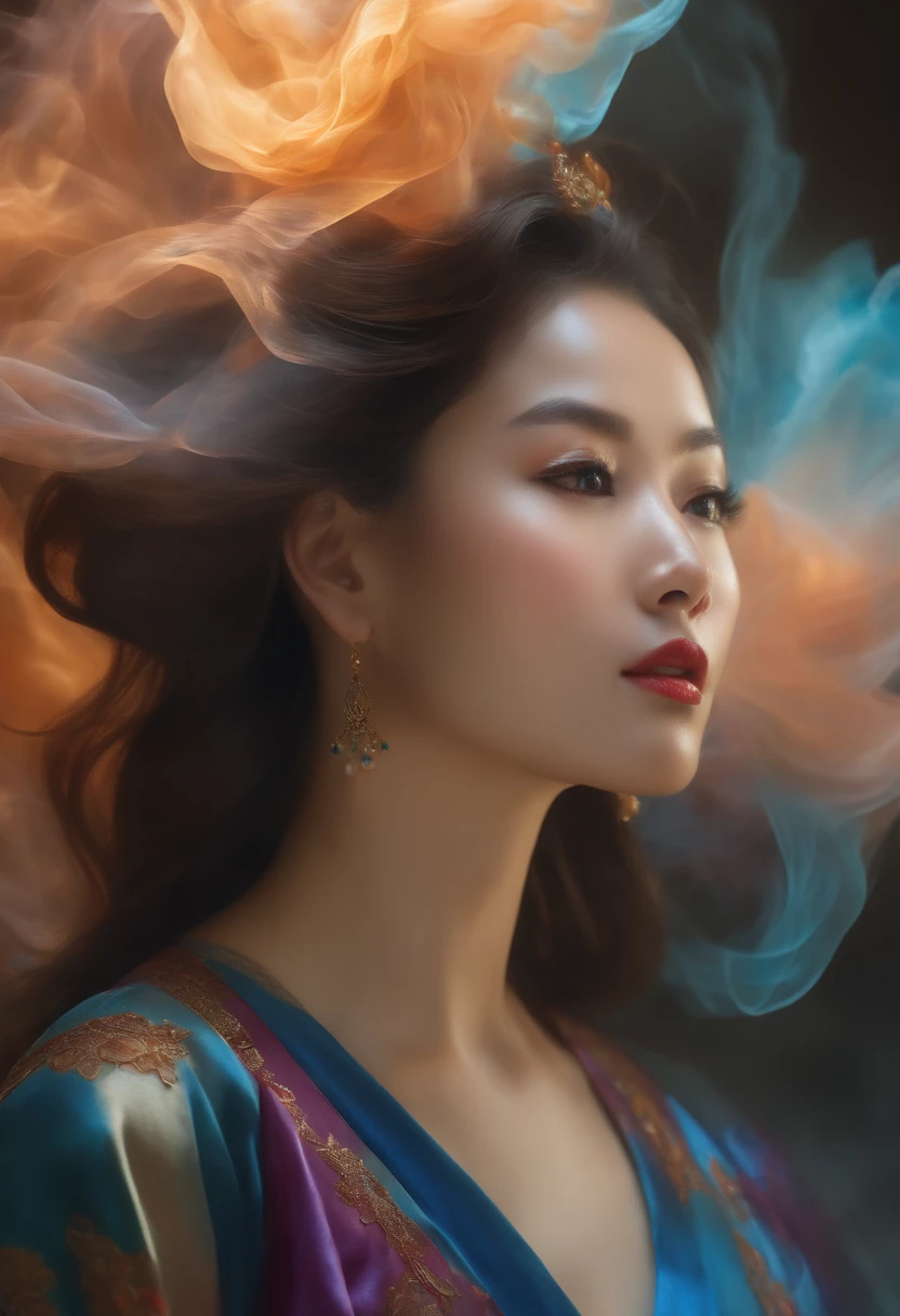 Mulher chinesa, Rosto em close-up, figura feminina elevada feita de fitas, smoke billowing, in sky, colorido e brilhante, mystical colors, impressionismo moderno, retrato Yanjun Cheng, pintura iridescente, 3/4 Vista em perspectiva, cara bonito, low-up angle, composition in broad swirl, grandes olhos de cristal bonitos, large iris, UHD, HDR, 8k, (master part: 1. 5), (O retrato mais bonito do mundo: 1.5)