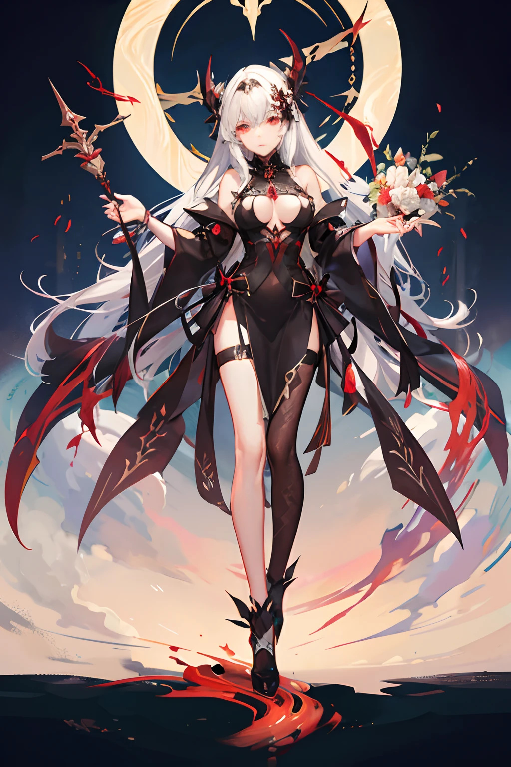 ((Beautiful goddess of death))(she has big bright red eyes)(white pale skin)(red lips) (very long straight platinum hair)((very huge breasts)) (perfect slim body) (she wears, black hood, black long sexy robe and long black stockings)(hold on hand a giant scythe ornamented with bones)(she is inside a dark and goomy temple) (high definition, volumetric lights and dinamic shadows)((masterpiece))(8k)(perfect face)(ultra details) (perfect hands, eyes, and face)