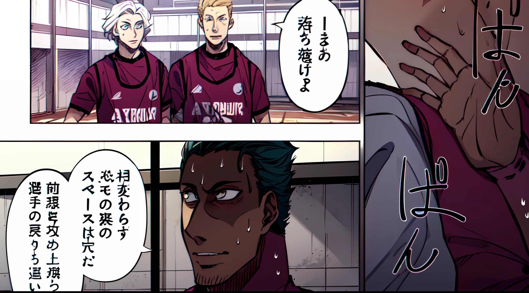 a anime of a boy cartoon, sweat, manga, text manga, color manga, manga color, color manga, color manga panel, a simple background