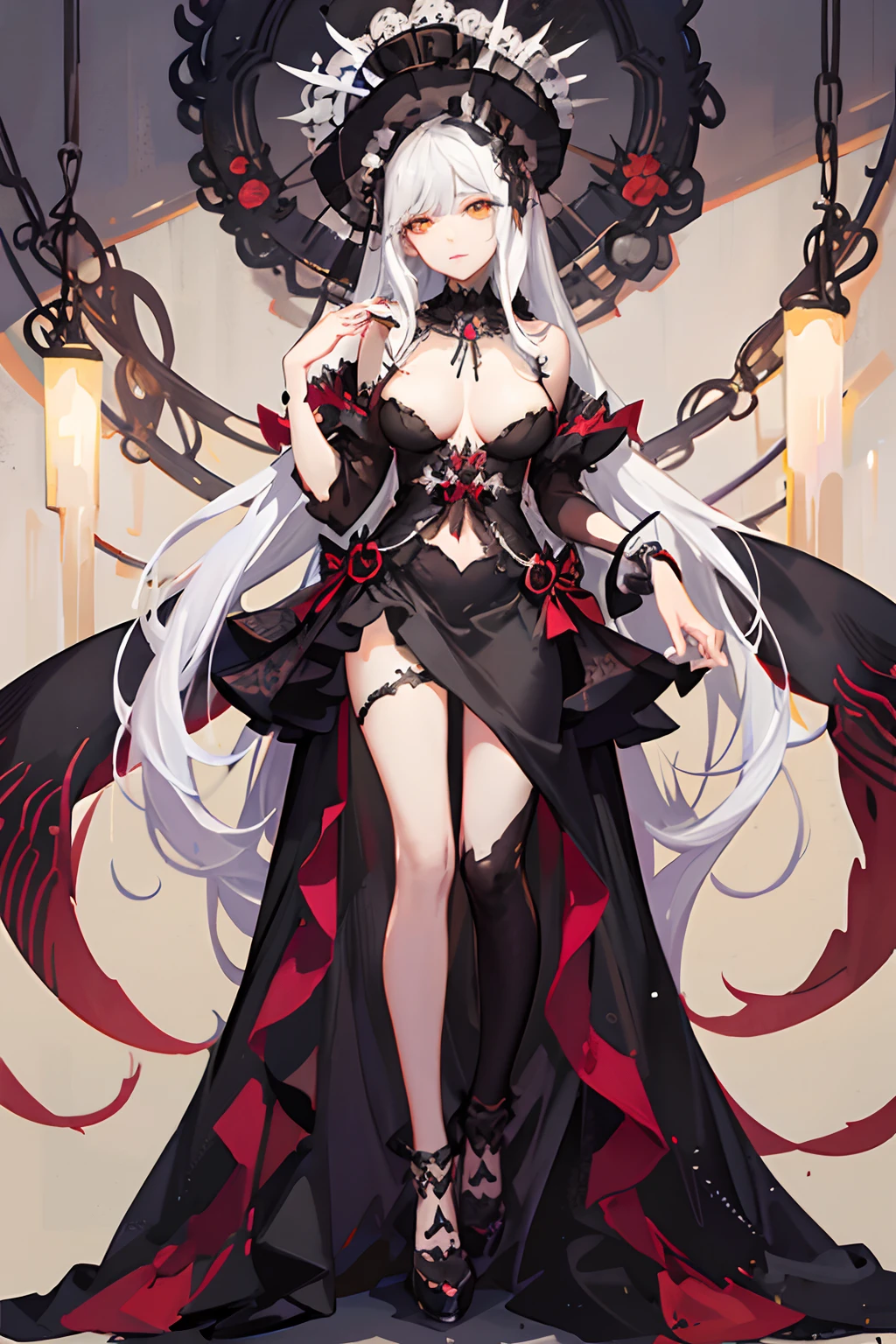 ((Beautiful la catrina mexican goddess))(she has big glowing yellow eyes)(white pale skin)(red lips) (very long straight hair)((very huge breasts)) (perfect slim body) (she wears a long black dress ornamented with flowers and jewelry) (she is inside a dark and goomy temple) (high definition, volumetric lights and dinamic shadows)((masterpiece))(8k)(perfect face)(ultra details) (perfect hands, eyes, and face)