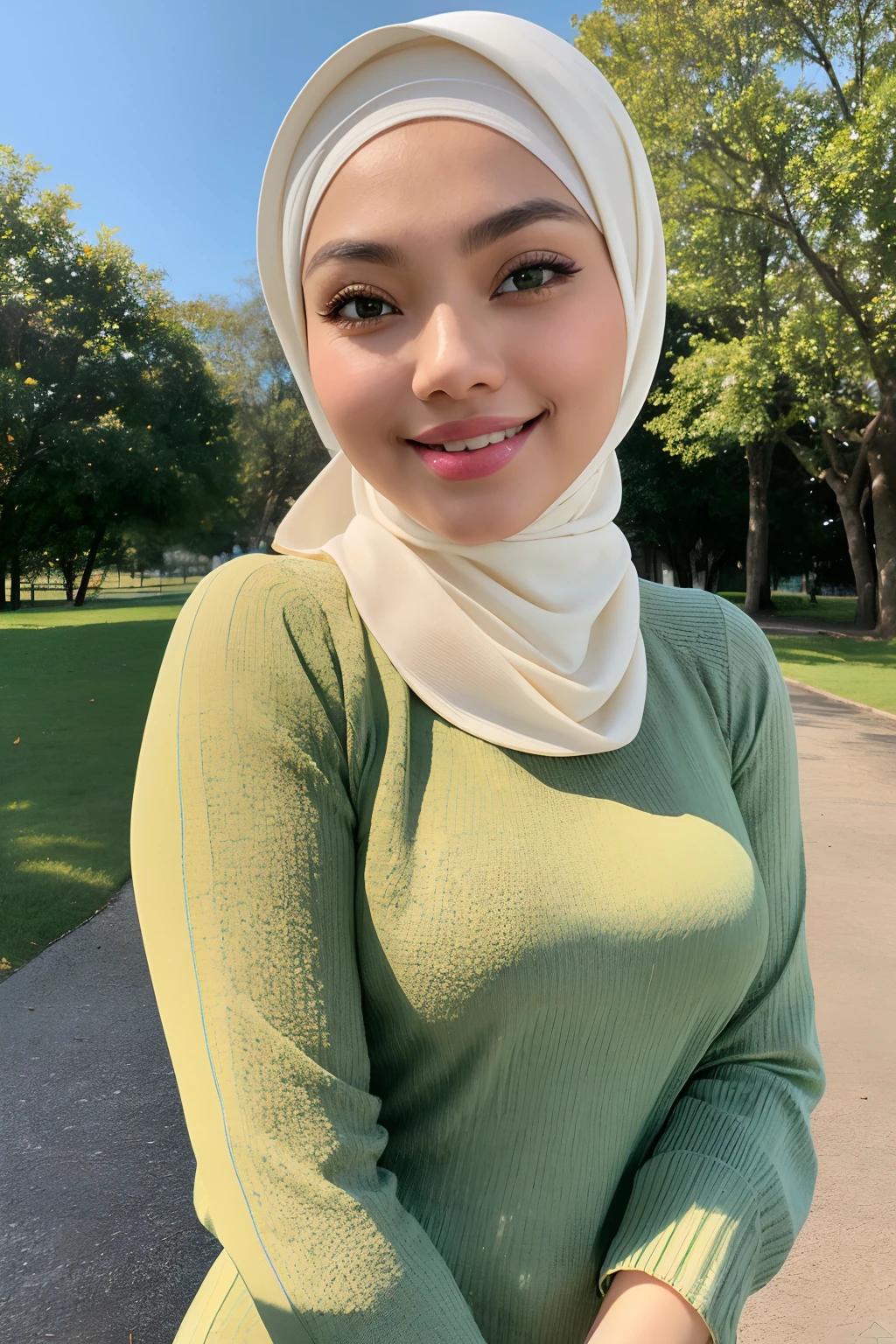 masterpiece, best quality, ultra-detailed, beautiful lighting, malay Woman in hijab, tight jeans, (green eyes:1.3), (white sweater:1.2), turtleneck, standing up, in park, beautiful scenery, slight blush, smiling, (cute smile:1,1), (glossy lips:1.1), (beautiful eyes:1.1), wonderful backround, closed mouth, arms_behind_back, short hair