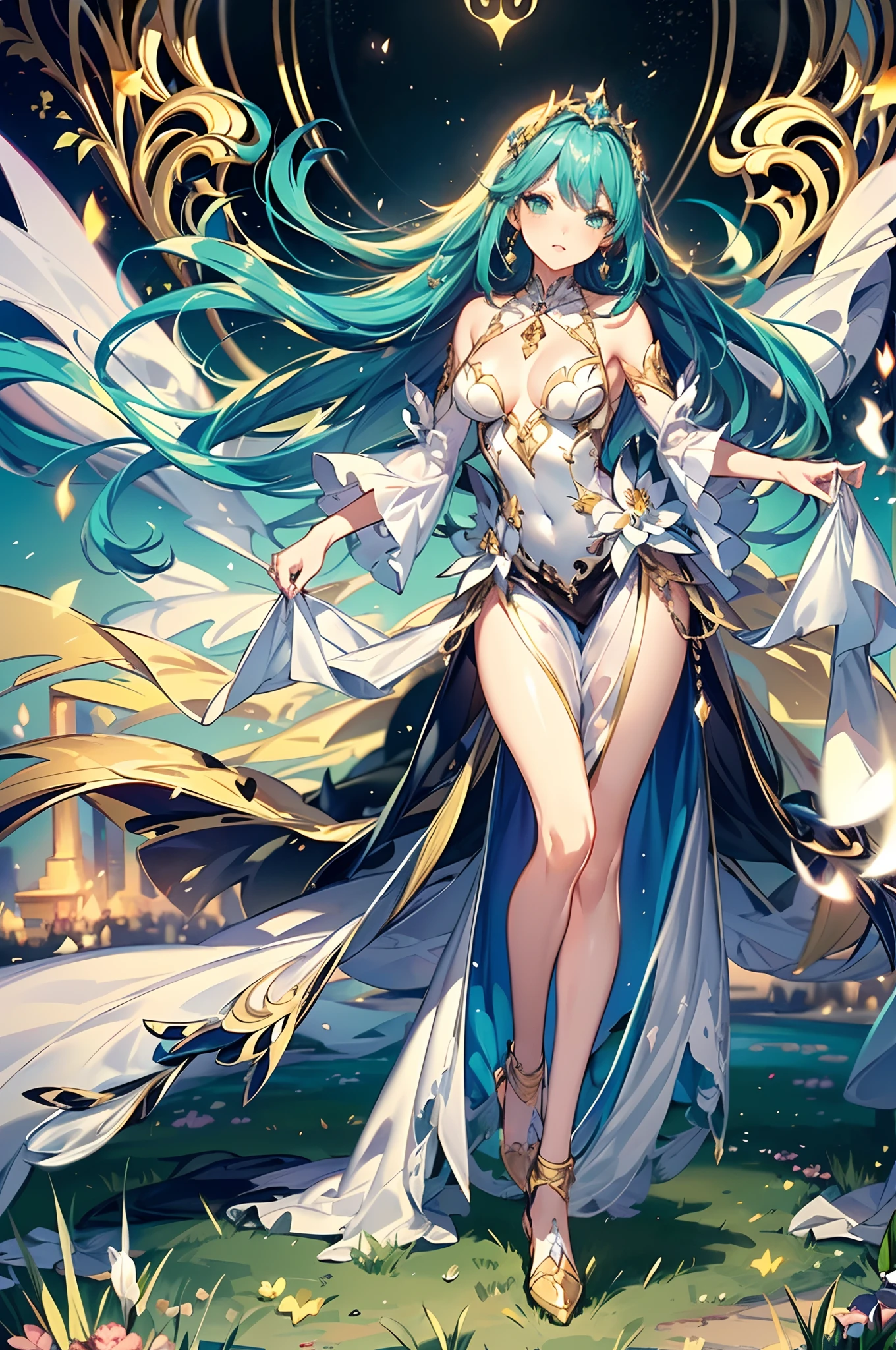 Full body, turquoise green hair, The silver and white dress is embellished with gold detailed ornaments，Light and dignified, Cute, Beautiful girl, (fine detailed beautiful eyes), Anime - Stylistic illustration of a woman in a white and gold dress, Anime goddess, ((a beautiful fantasy empress)), a beautiful fantasy empress, Alphonse mucha and rossdraws, trending on artstation pixiv, gilded lotus princess, beautiful goddess, Anime fantasy illustration, Beautiful young wind spirit, pixiv contest winner, Portrait Chevaliers du Zodiaque Fille, Digital art on Pixiv, (ultra high  resolution, 8K RAW photo, photo realistics:1.2, thin outline:1.5), green grass background,