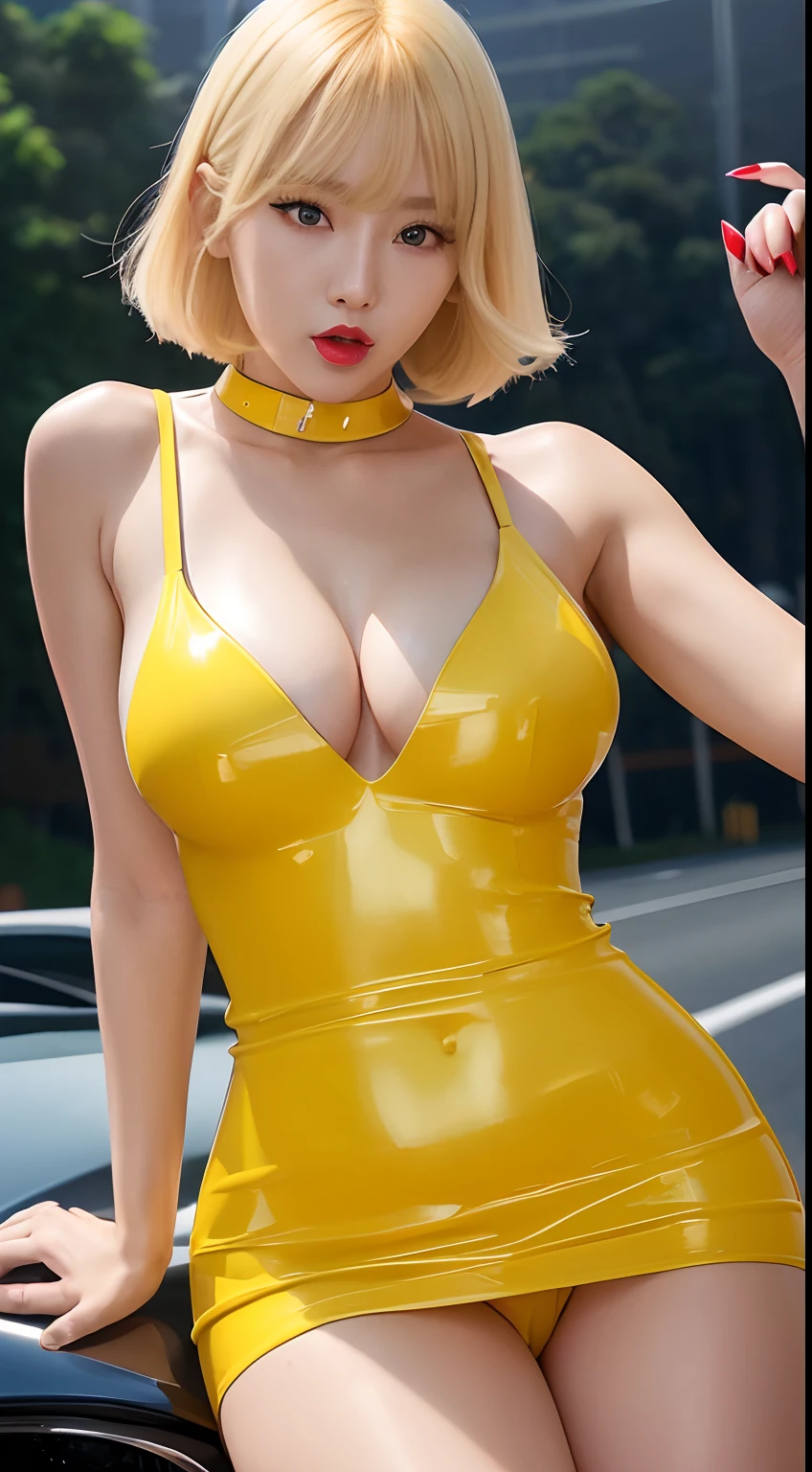 Glossy enamel yellow bodycon dress　((Korean Idols))　racing model　((a blond))　((Shorthair))　((A MILF))　((Glossy bright red rouge lip))　((Plump lips))　cute little　((Whip whip))　large boob　sweaty and shiny skin　(Clean armpits)　Highway at night　Photorealsitic　look up to　Hyosung