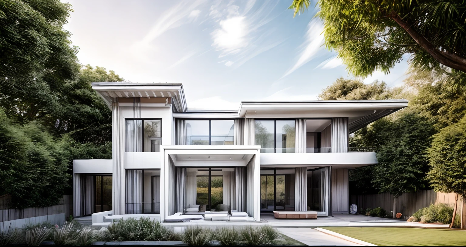 RAW photo,Masterpiece, high quality, best quality, authentic, super detail,
exterior, house style modern on the garden with white wall, glass windows, glass doors,stains, balcony, railing glass
clean line,modernism,Realistic reflexes,realistic light, beautiful summer sky, trees, grass
(day:1.1), vivid colour, vray