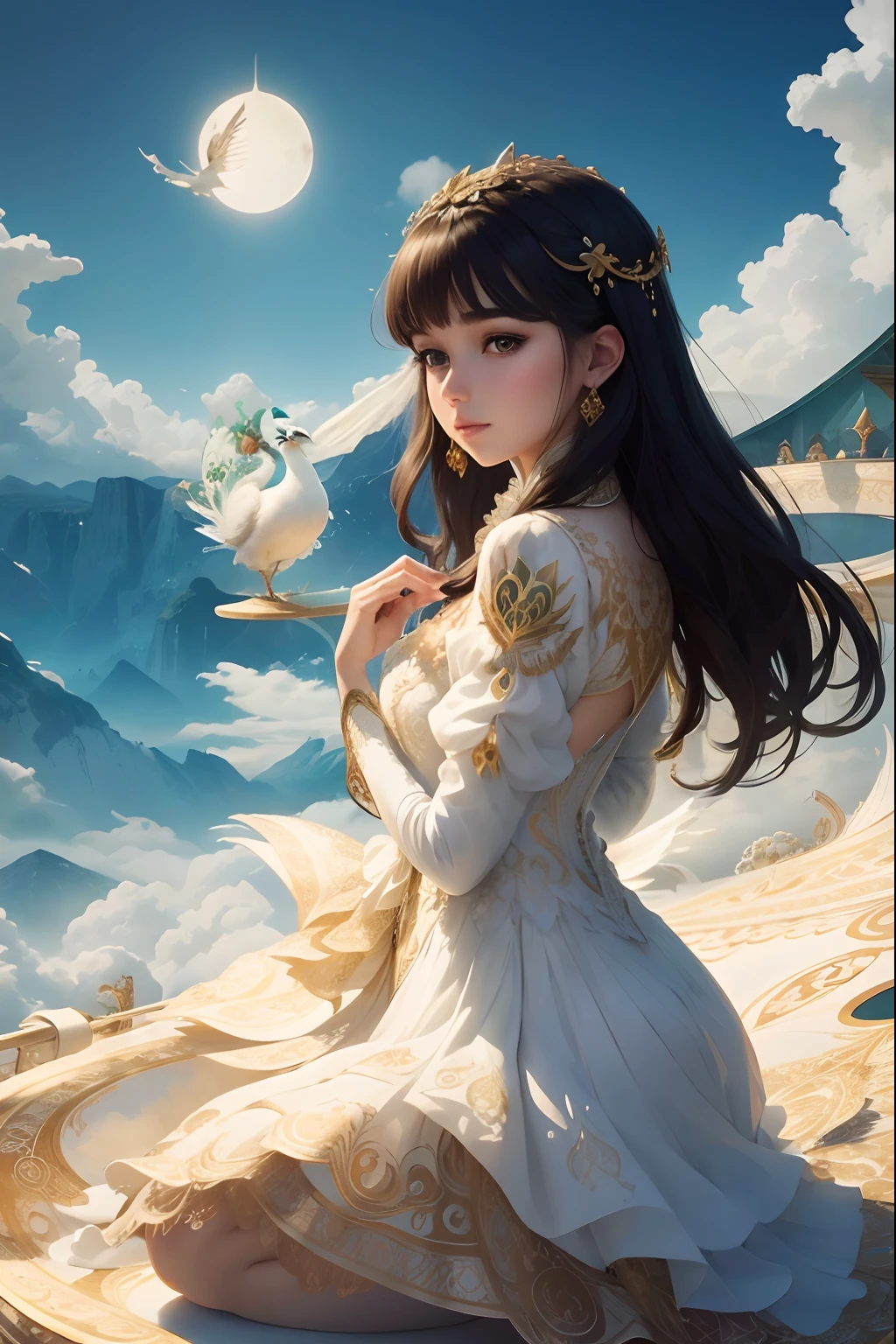 best quality, a stunning artwork of a beautiful white peacock, intricately detailed, (best shadow), elegant, volumetric lighting