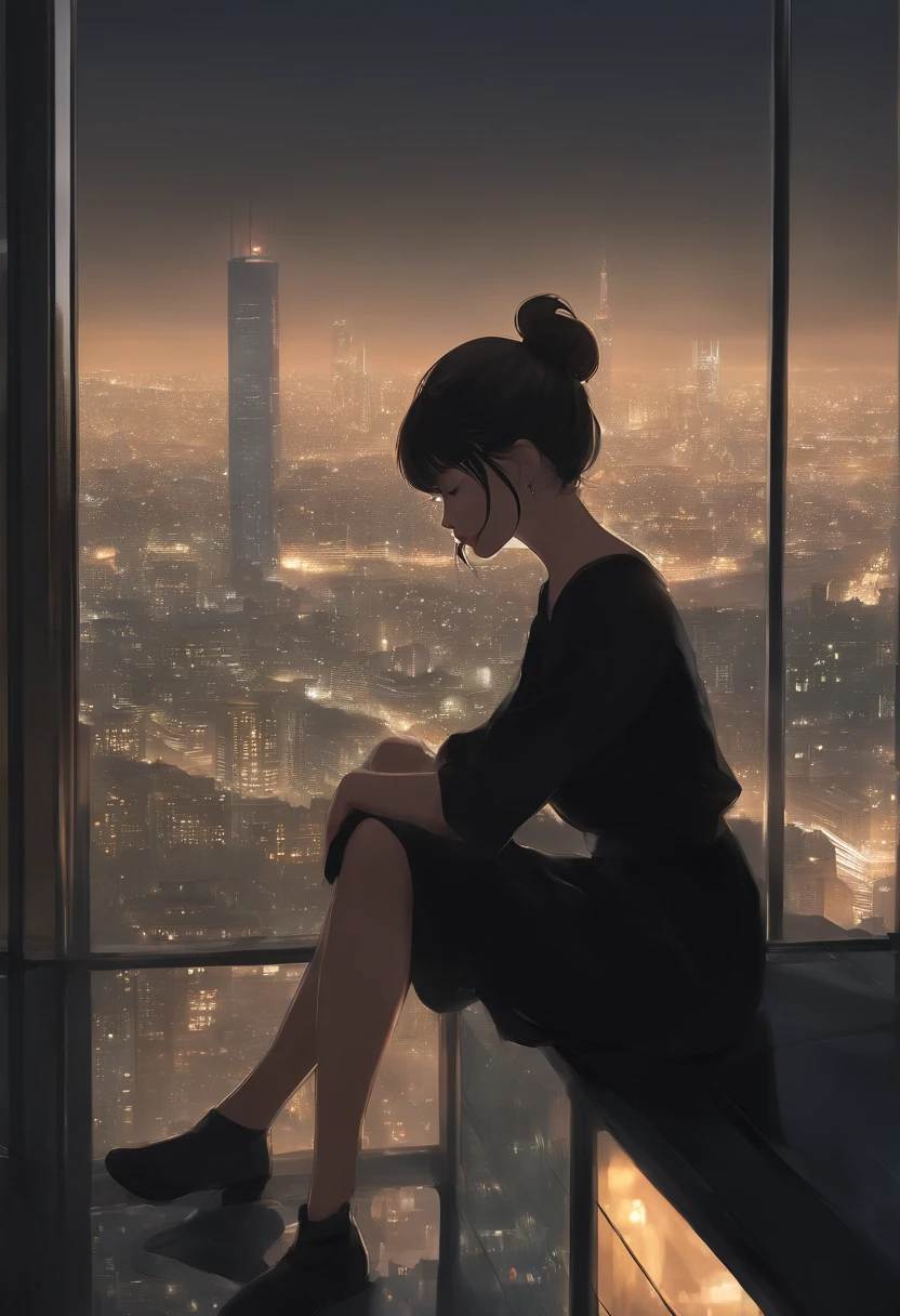 a girl wearing black top sitting on a skyscraper edge, by studio ghibli, city scenery, detailed illustration, official art, in the style of kawacy, graceful movement, nocturne, composed, hd wallpapers