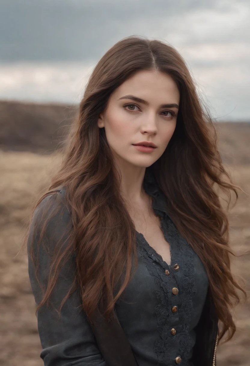 Beautiful European woman,mechs,locomotive,musculous,Long brown hair,Beautiful face,Wasteland wind