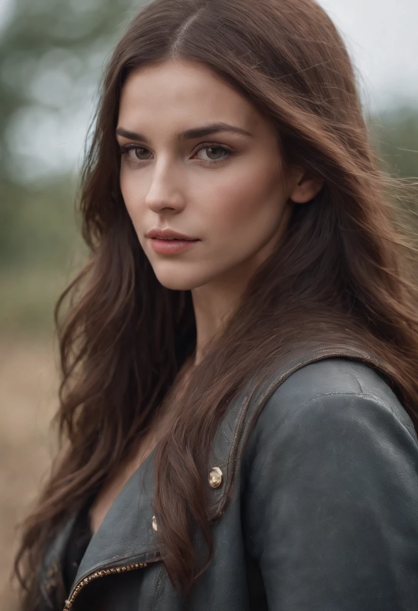 Beautiful European woman，mechs，locomotive，musculous，Long brown hair，Beautiful face，Wasteland wind