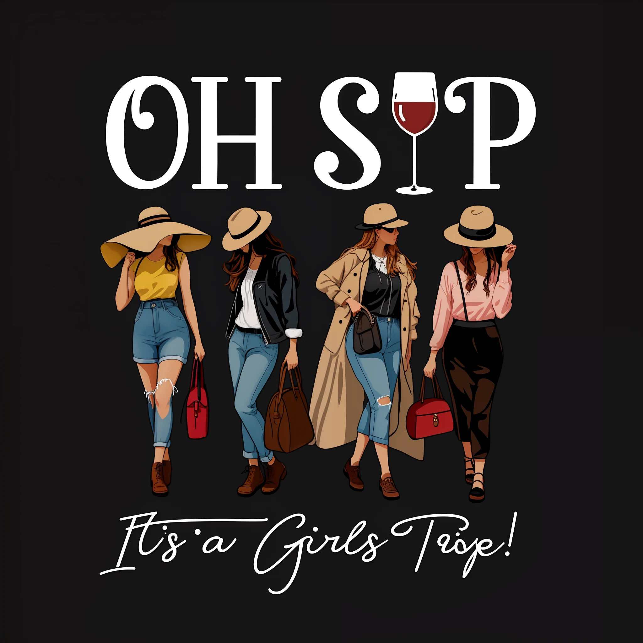 There were four women standing together wearing hats, in style of digital illustration, Official illustration, official fanart, (Digital art), Official artwork, 🪔 🎨;🌞🌄, on its own, offcial art, road trip, Cute girls, Official product photo, vacation photo, LOL, Digital illustration, Sister resonance, detailed digital illustration