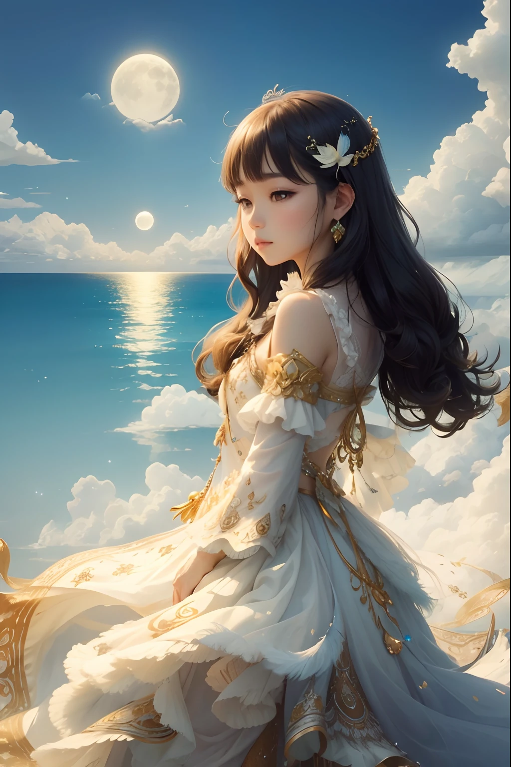 Island near, sky so clear, Moon for love, Fairy tear, dressed in white peacock feathers, Cloud above 24k
