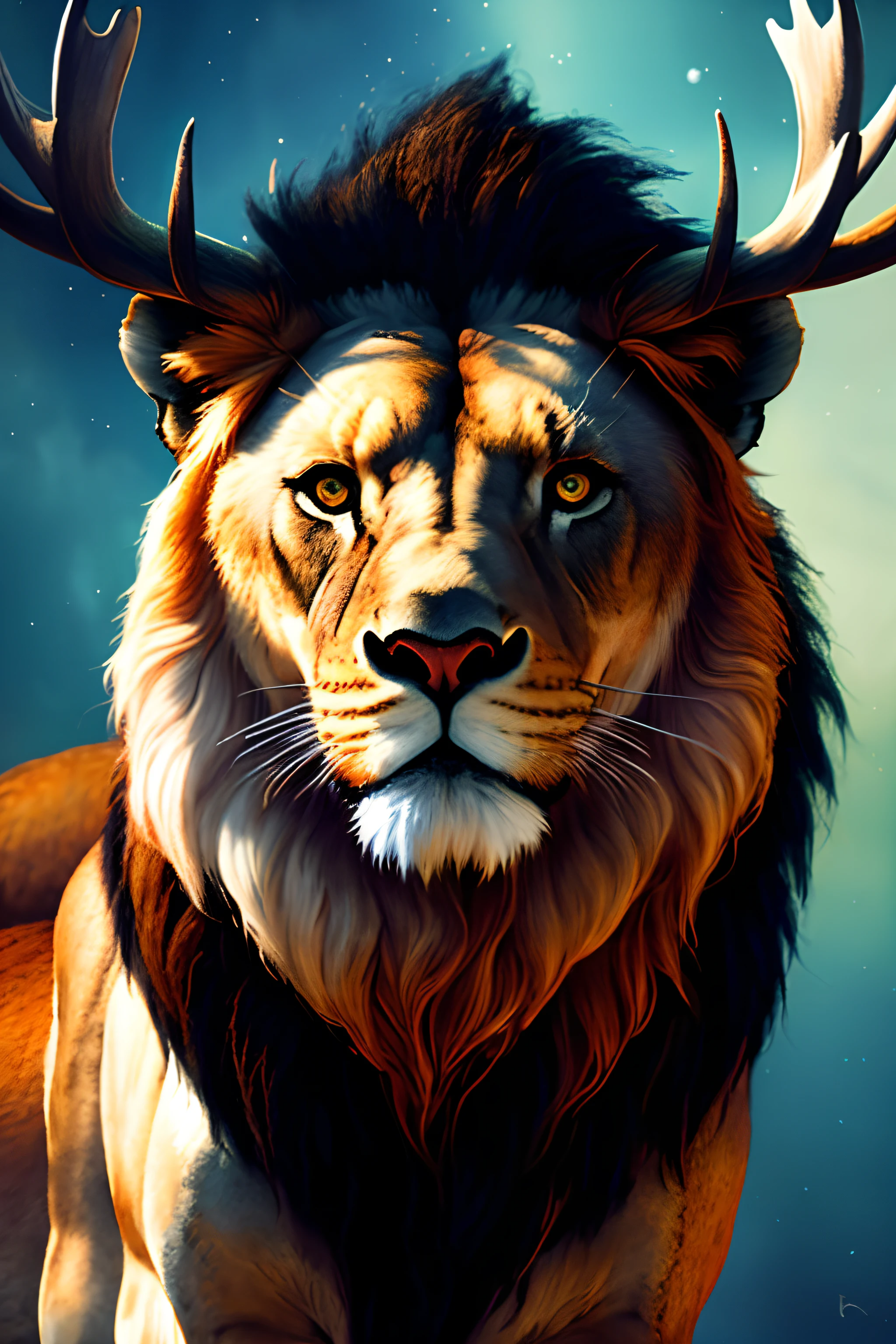 lion head, moose body, snake tail, detailed facial features, realistic fur texture, majestic antlers, fierce expression, piercing eyes, muscular body, powerful limbs, elegant snake scales, sinuous and long tail, vibrant color palette, dramatic lighting, intense and dynamic composition, high-resolution masterpiece, lifelike rendering, attention to fine details, hyperrealistic interpretation, mythical creature, hybrid animal, surreal combination, enchanting and mesmerizing artwork, masterful brushstrokes, captivating and awe-inspiring depiction