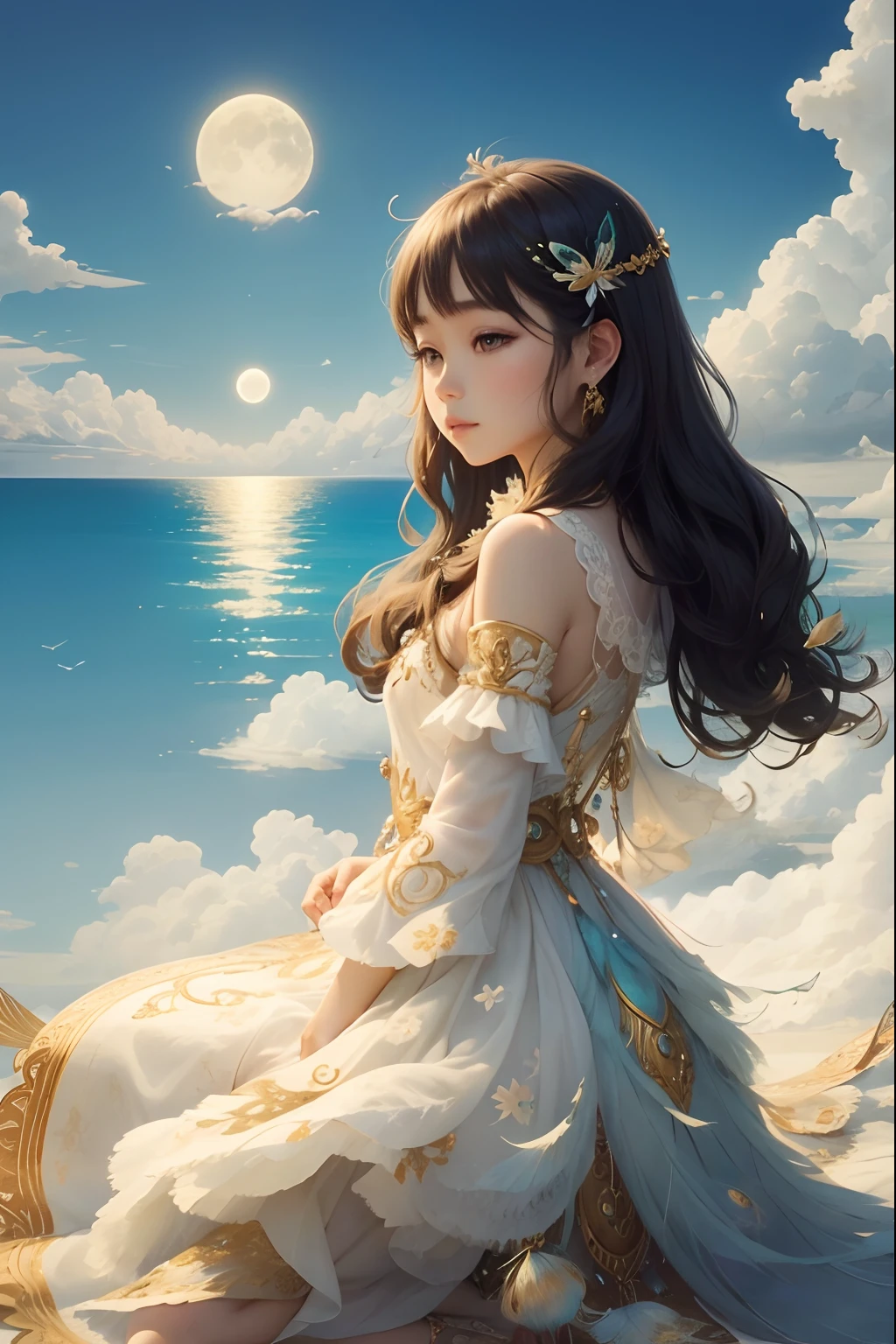 Island near, sky so clear, Moon for love, Fairy tear, dressed in white peacock feathers, Cloud above 24k