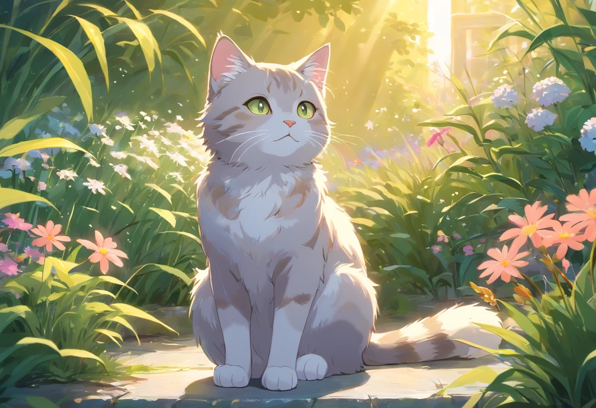 A light grey and tan tabby cat, detailed eyes and fur, sitting in a sunlit garden, surrounded by colorful flowers. Soft, warm lighting illuminates the scene, highlighting the cat's delicate features. The cat is peacefully resting on a mossy stone bench, its tail gently curled around its paws. The garden is lush and vibrant, filled with tall grass and blooming plants of various colors. The cat's fur has a soft and glossy texture, with subtle variations in shades of grey and tan. The eyes are a striking combination of green and yellow, with intricate patterns that reflect the sunlight. The overall image quality is of the highest standard, with ultra-detailed fur and realistic textures. The colors are vivid and harmonious, with a mix of pastel tones and vibrant hues. The lighting creates a warm and inviting atmosphere, casting soft shadows on the ground and adding depth to the scene.