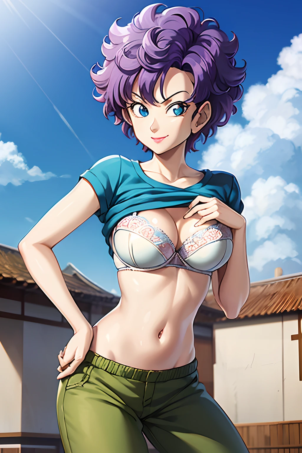 masutepiece, Best Quality, ultla detailed, Realistic, hight resolution, 8K, (shirt lift, white bra), dragon ball, 1girl, rfandball-smf, purple hair, solo, short hair, smile, blue eyes, curly hair, lips, retro style, green pants, (blue shirt:1.2), large breasts, sky, clouds, house,