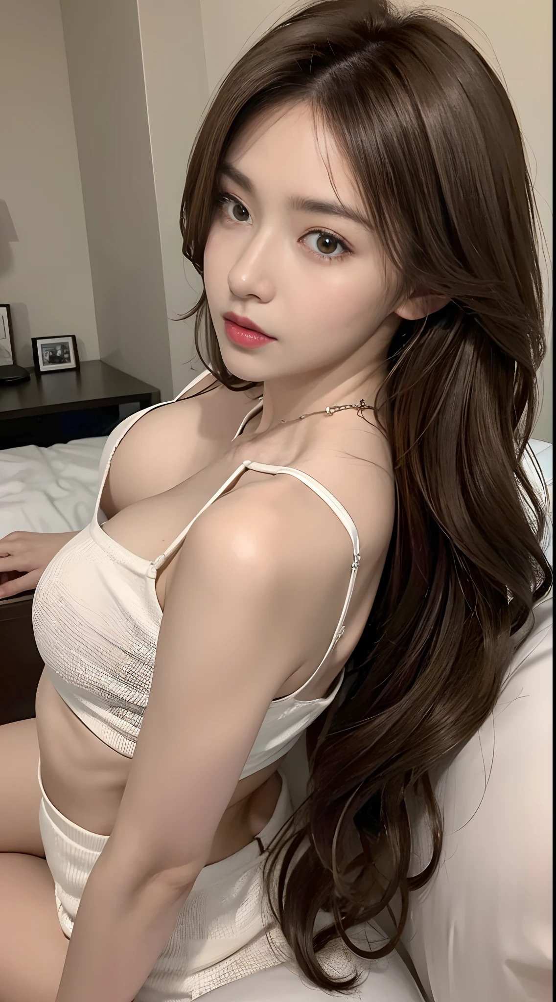 ((Realistic lighting、top-quality、8K、tmasterpiece:1.3))、Clear focus:1.2、SNFW:1.2,((nakeness:1.3))、1girl in、perfect figure beautiful woman:1.4、Slim abs:1.1、dark brown colored eyes、((Dark brown hair、middlebreast:1.2))、(Acceleration:1.4)、Slender face、on top of the bed、lay on back、Lying、Open your legs、Looking at the camera、(24 years of age:1.3)、com rosto detalhado、A detailed eye、二重まぶた、a necklace、Bird's eye view