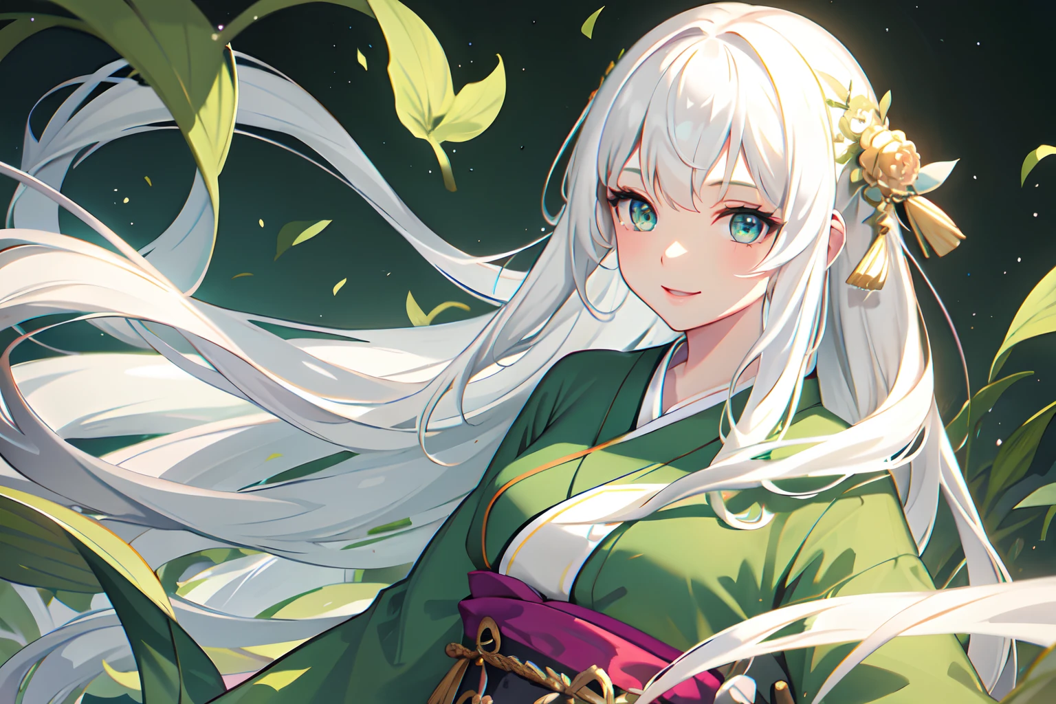 1girl, long hair, white hair, straight hair, green eyes, kimono, green clothes, masterpiece, wallpaper, portrait, pantyhose, green light, temple background , smile, closed mouth, clear sky