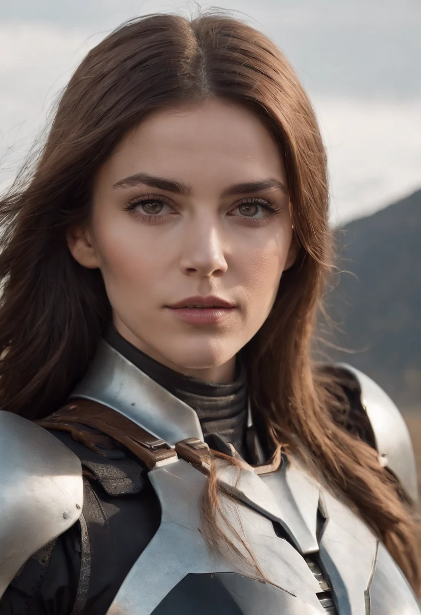 beautiful european woman,Mecha armor,locomotive,musculous,Long brown hair,Beautiful face,Wasteland wind
