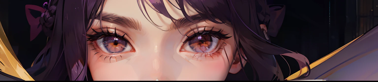 1girl, Eyes only, Drawing the eyes, focus on eyes, Brown eyes, dark eyes, Bright brown eyes, Purple eyelashes, purple eyebrows, Very thin eyebrows, wide eyes, It's nothing, except for the eyes, eyes focus, around dark, Shinoa hiiragi