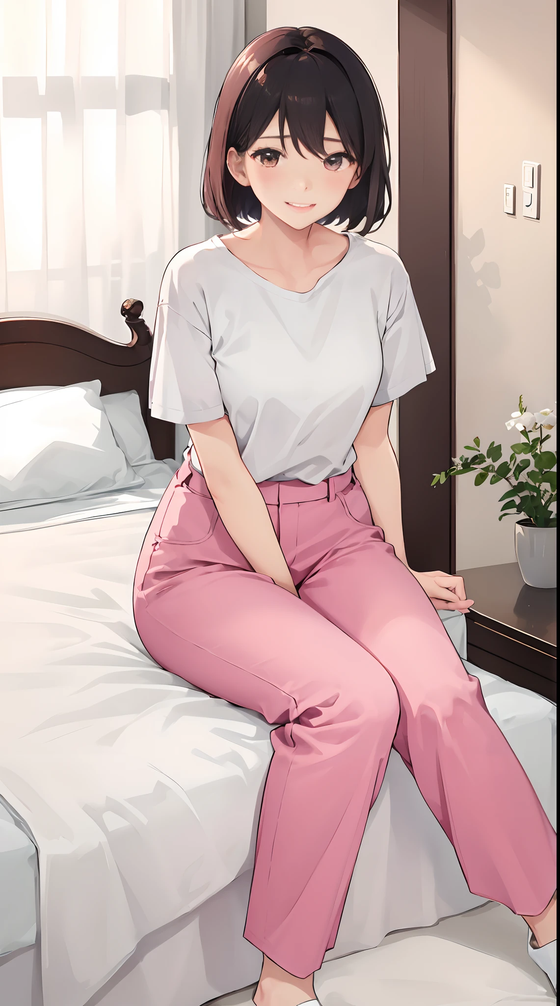 1girll, 独奏, Wear red short sleeves,Wear pink slacks,sit on a bed,The chest is large,Perfect hands
