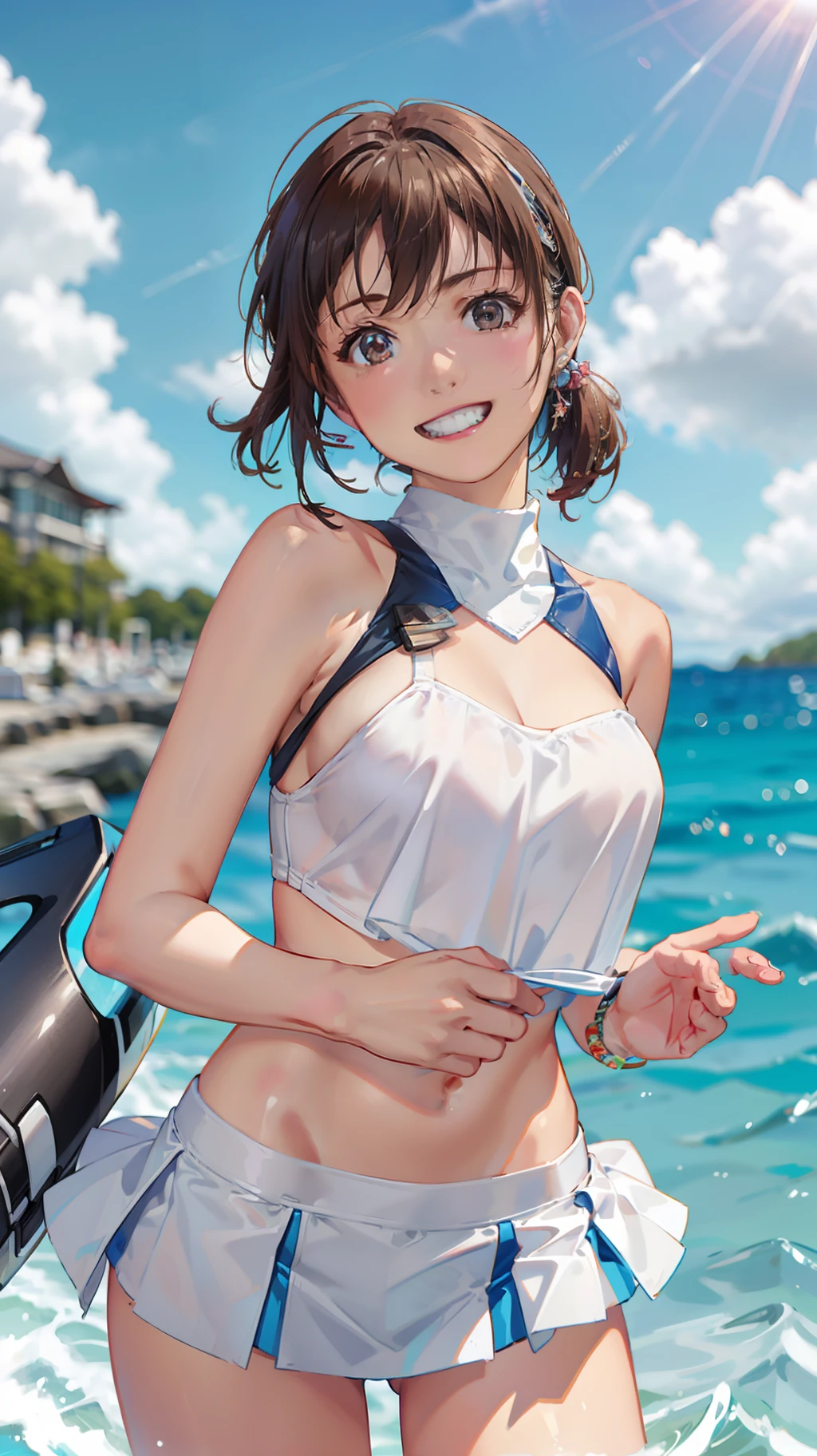 Motorcycle anime girl in short white mini skirt and blue leather bra、breastsout、White silk panties、blured background、1girl in、Race Queen、flaxen-brown ponytail、Ninja 250KRT Color、bblurry、A smile、a navel、looking at the viewers、outside of house、Skindentation、tag、solofocus、The bikini、Brown-eyed、swim wears