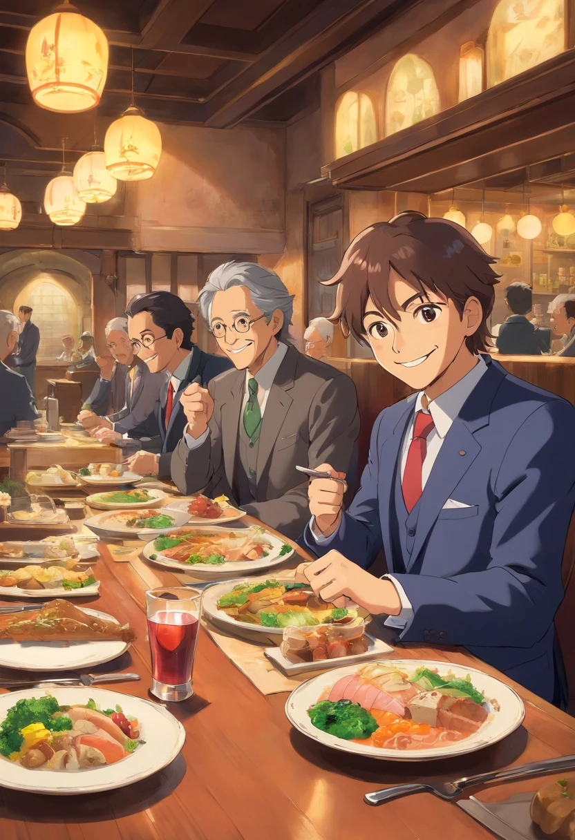 Background set meal restaurant,Men in suits, a smile, high detal, natural soft light, Trending on ArtStation, 8k, HD