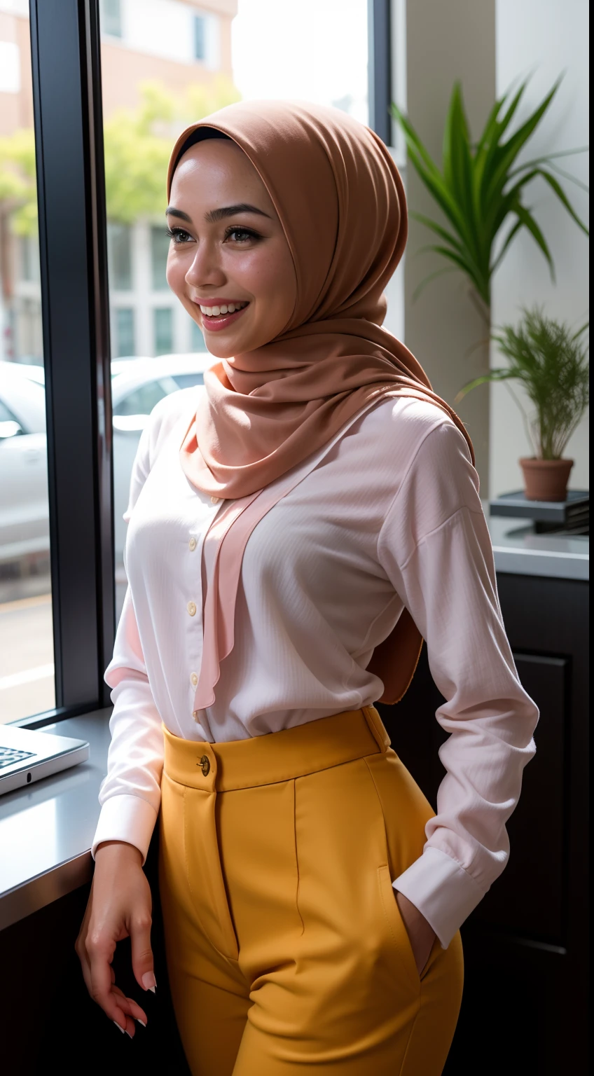 1 malay girl , modern plain cream hijab, smile, medium portrait shot , watery  eyes , wear white big oversized tshirt and cream high waist pants, white modern hotel bedroom background, bright front light, she try to remove pants pose,